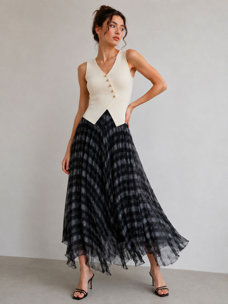 Women's Brown Plaid Pleated Maxi Skirt