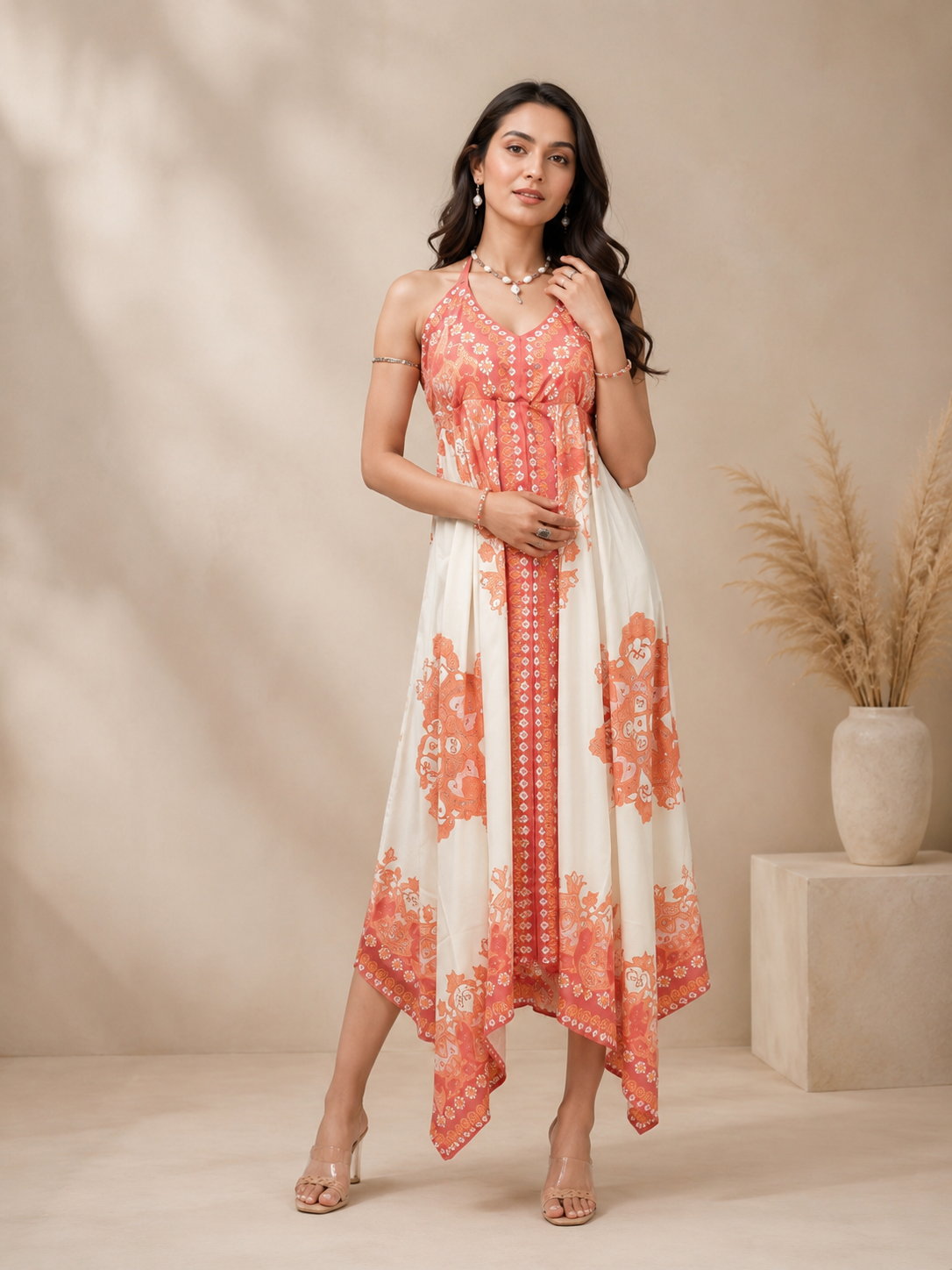 Women’s Orange Vineyard Border Print Hi-Low Maxi Dress  Open Back Sleeveless Flowy Summer Dress