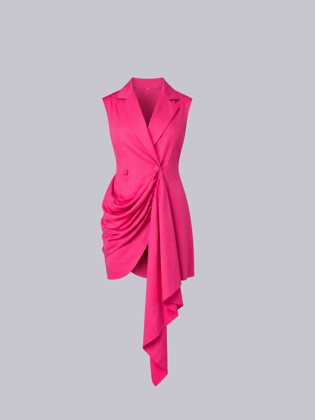 A bright pink sleeveless wrap-style blazer dress with draped side detailing