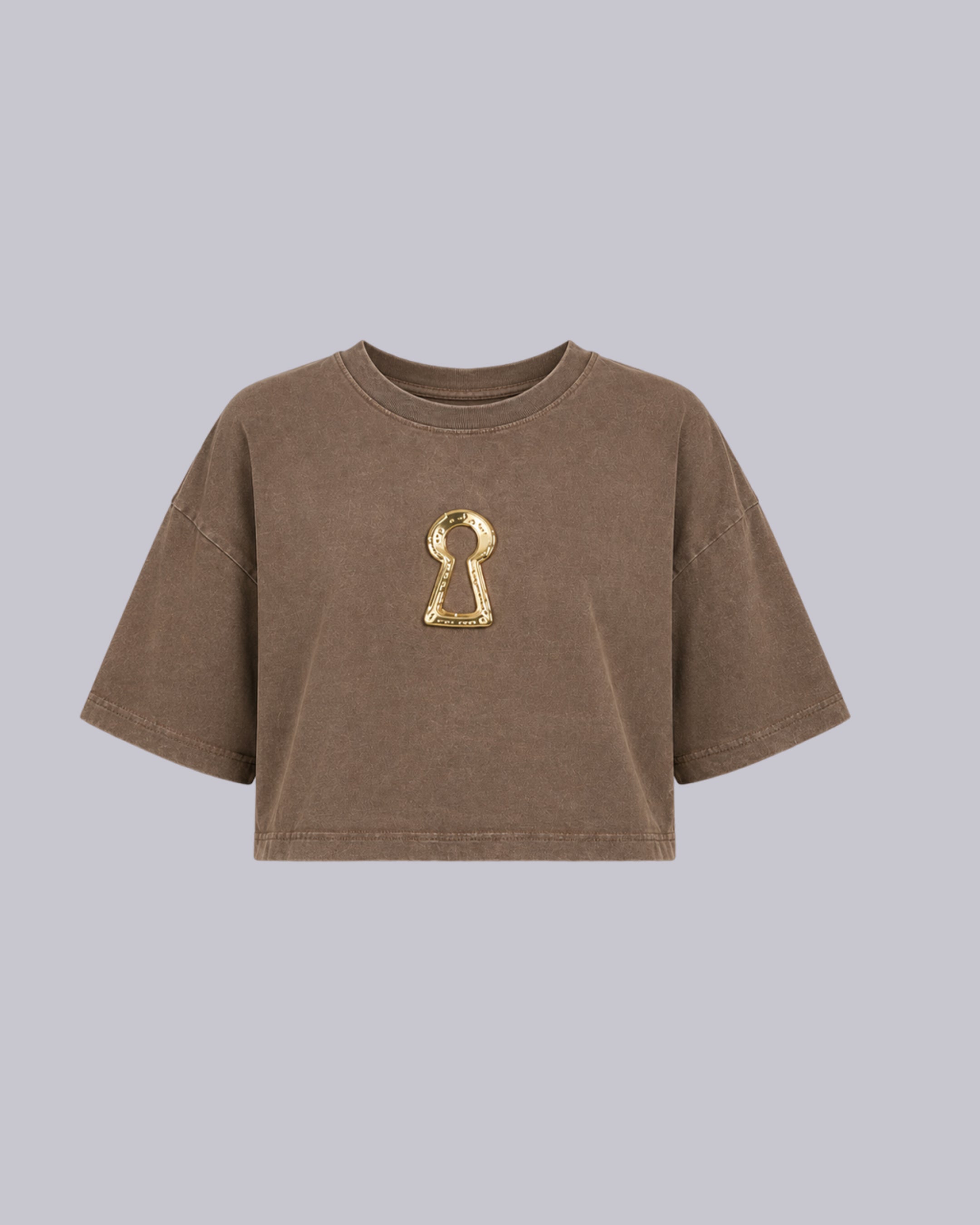 A cropped brown short-sleeve t-shirt