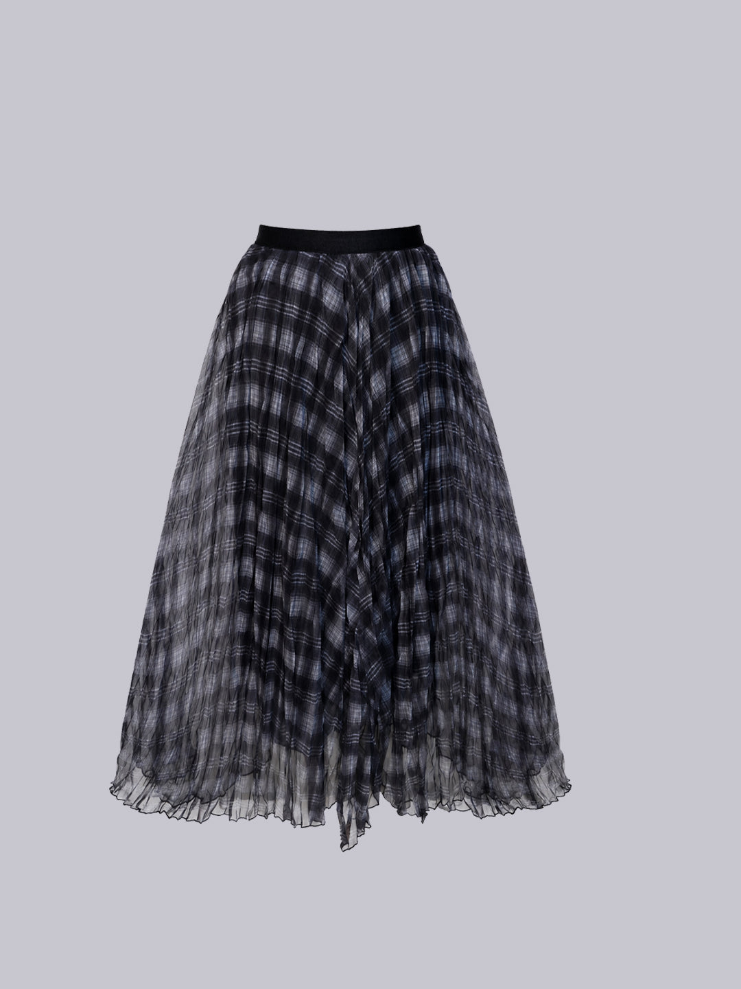A black and gray plaid tulle midi skirt with a black waistband, shown against.