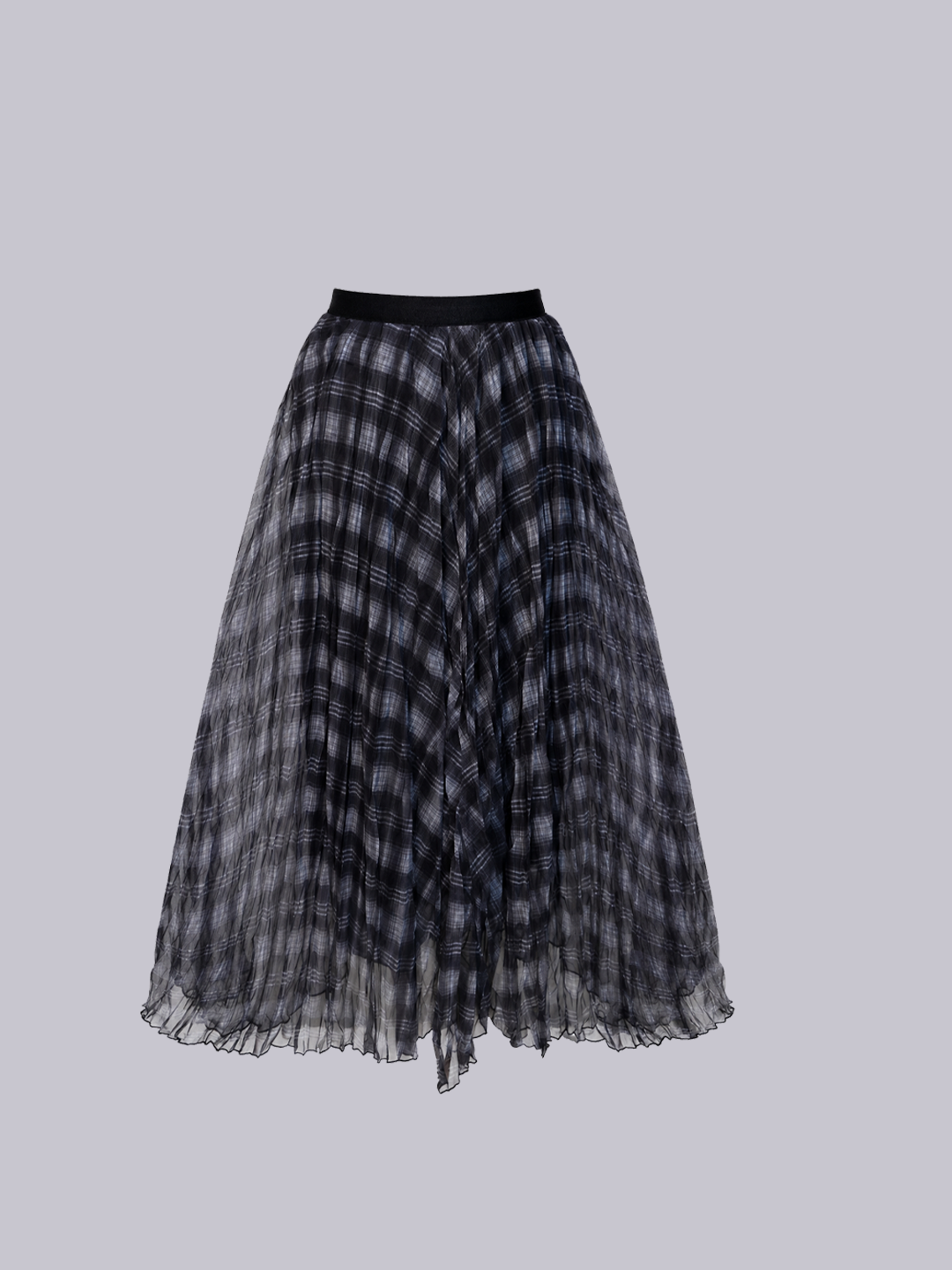 A black and gray plaid pleated tulle midi skirt with a black waistband.