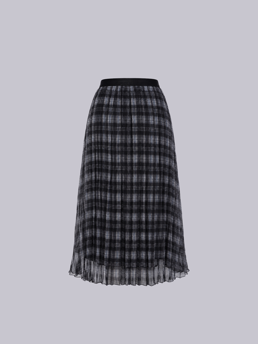 A black and gray plaid pleated midi skirt with a black waistband