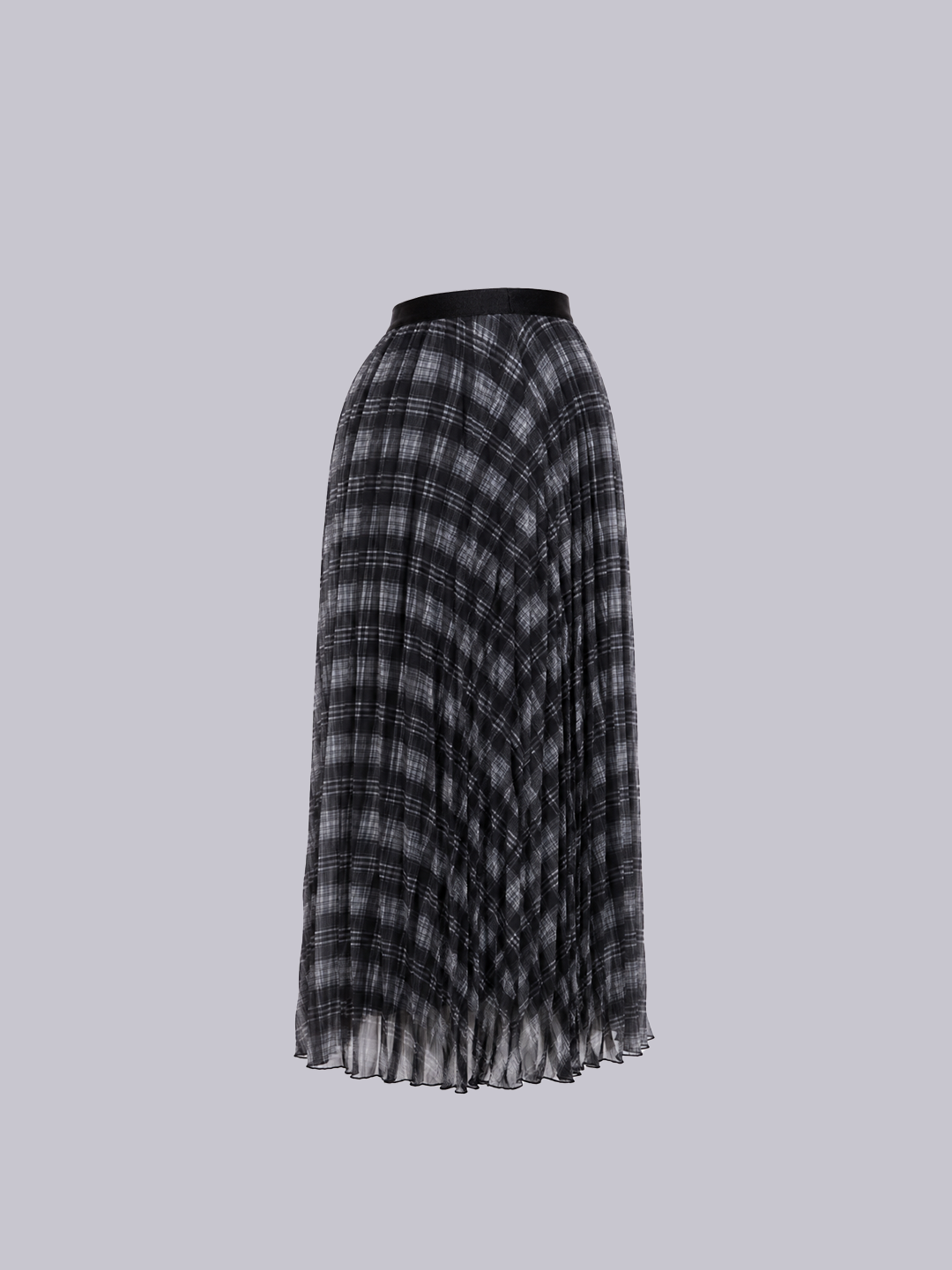 A black and gray plaid pleated midi skirt with a solid black waistband.