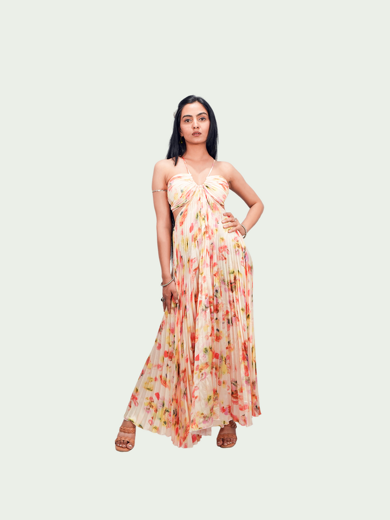 Women’s Floral Satin Pleated Halter Neck Cutout Maxi Dress