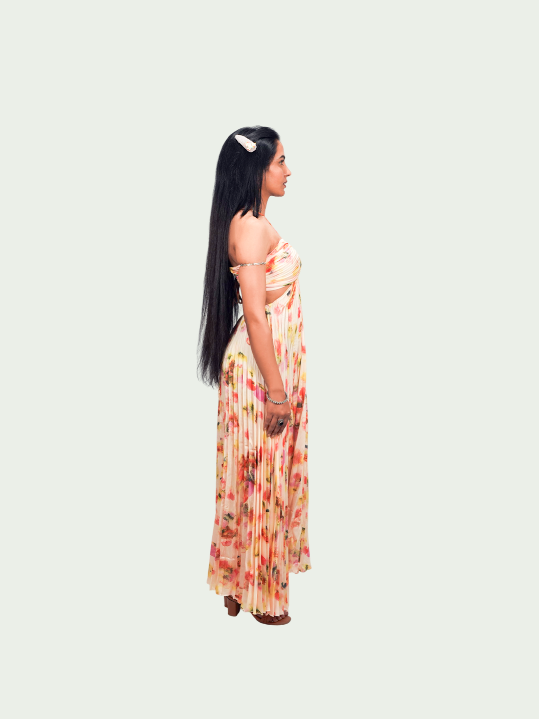 Women’s Floral Satin Pleated Halter Neck Cutout Maxi Dress
