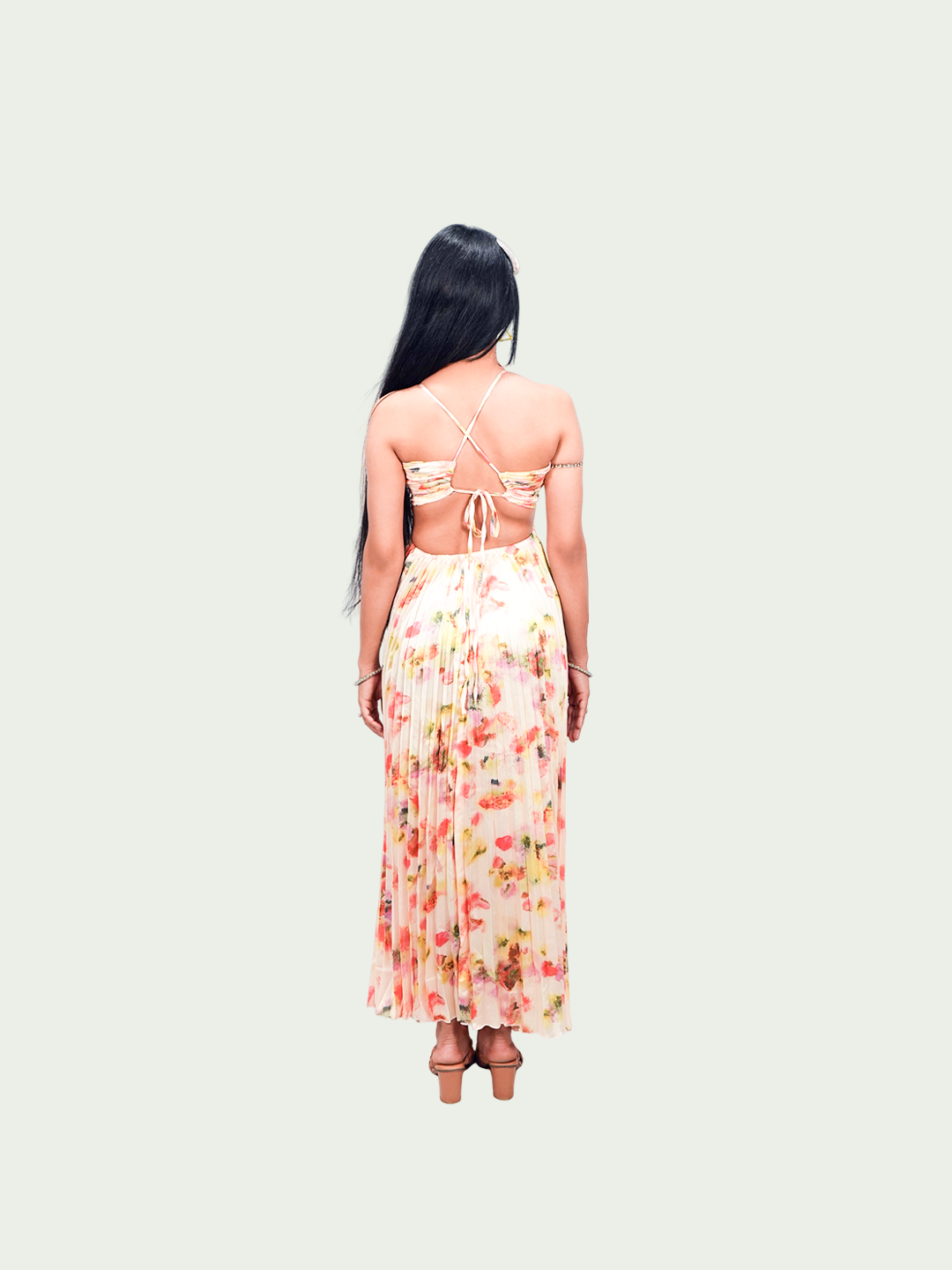 Women’s Floral Satin Pleated Halter Neck Cutout Maxi Dress