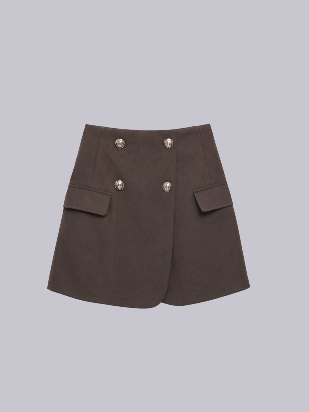 A  mini skirt with silver-tone buttons and flap pockets
