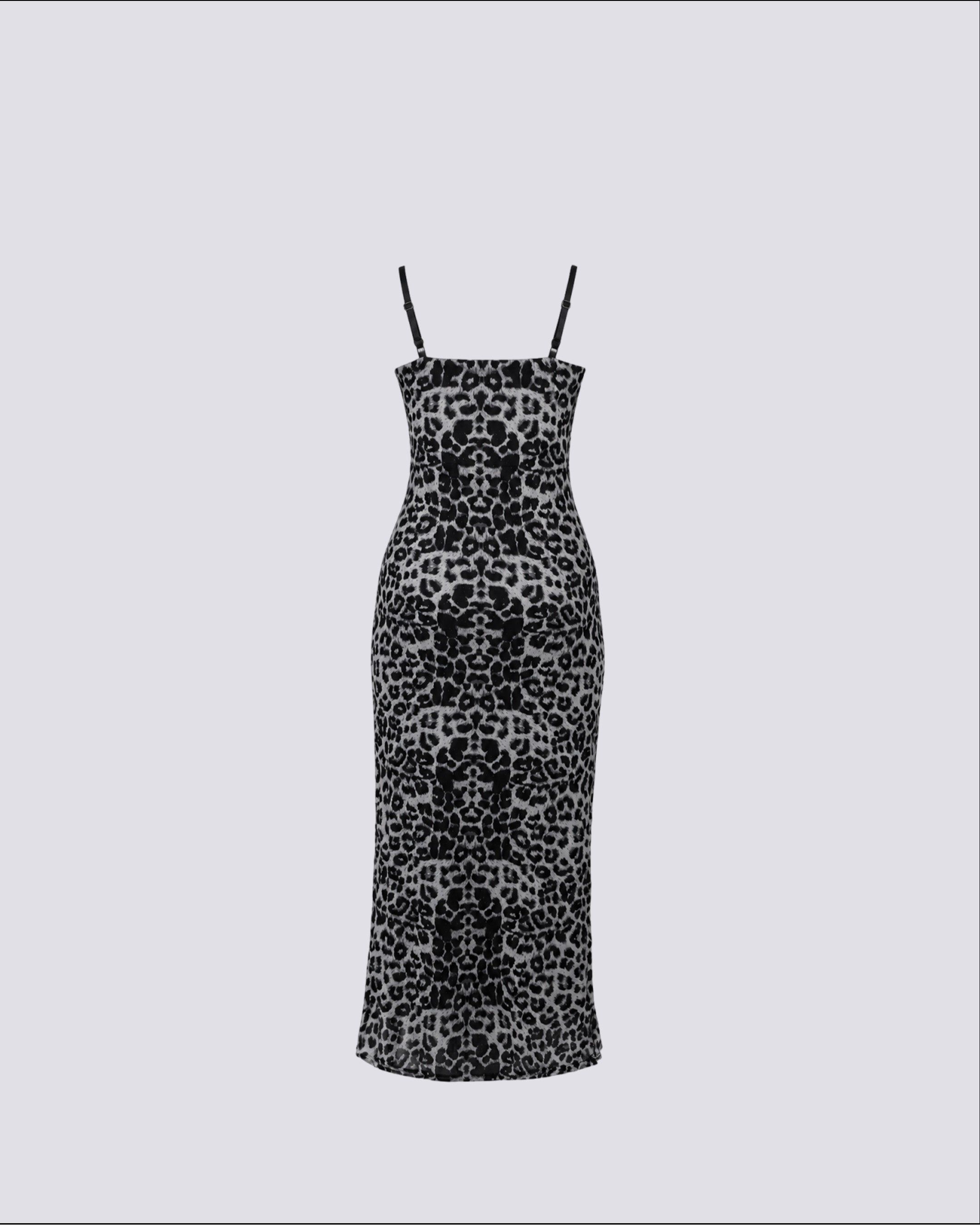 A black and gray leopard print midi dress.