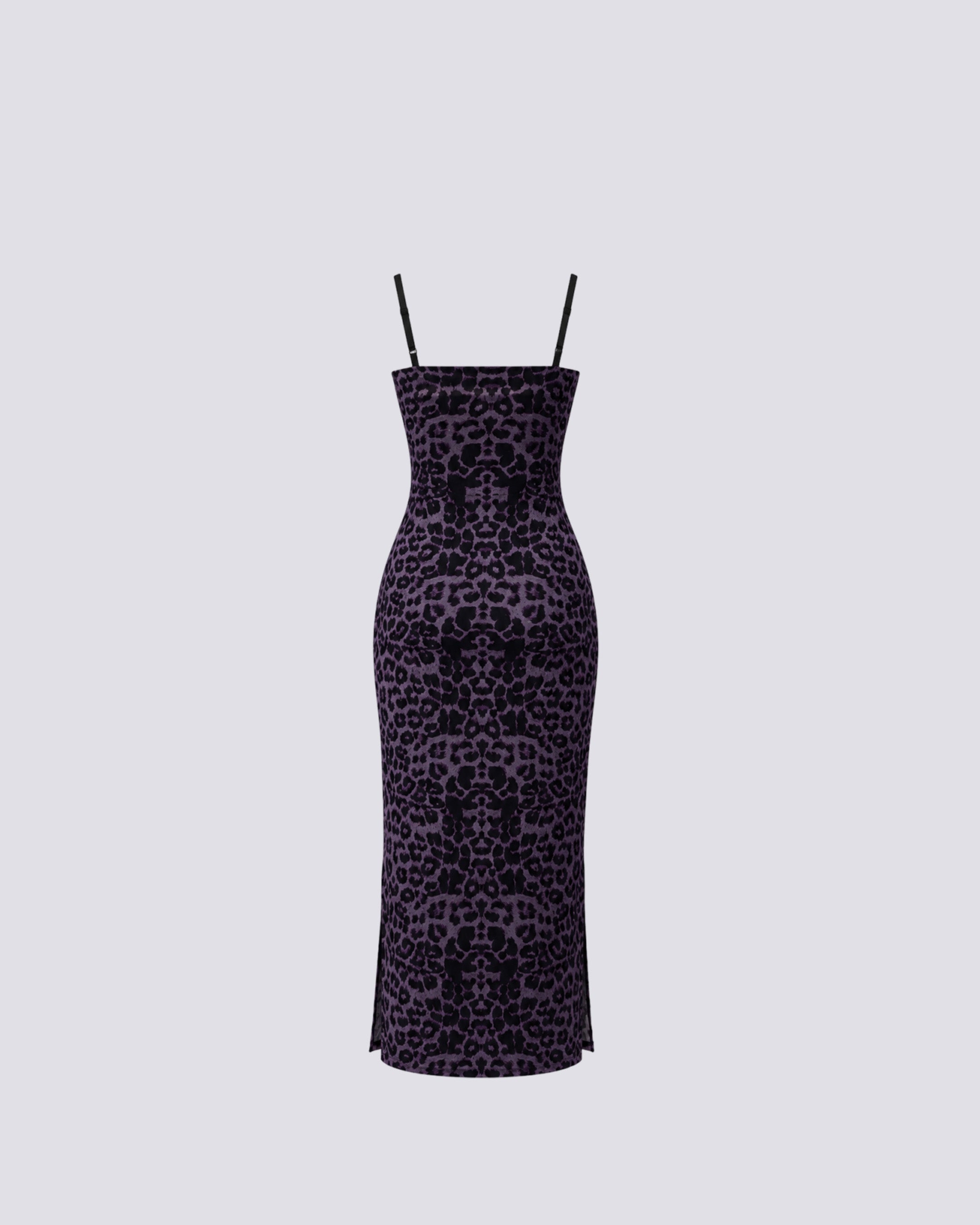 A sleeveless bodycon midi dress with a dark purple and black leopard print pattern.