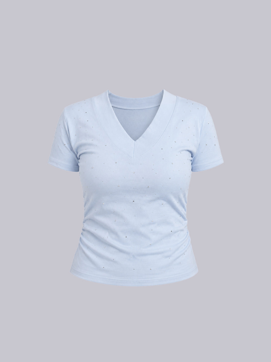 A light blue short-sleeve V-neck t-shirt with small scattered dot.