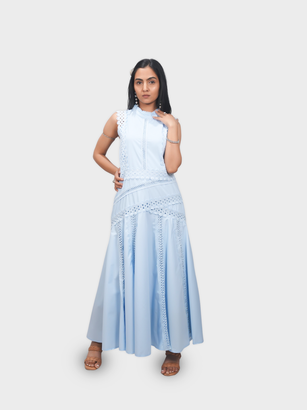 Woman wearing a light blue dress