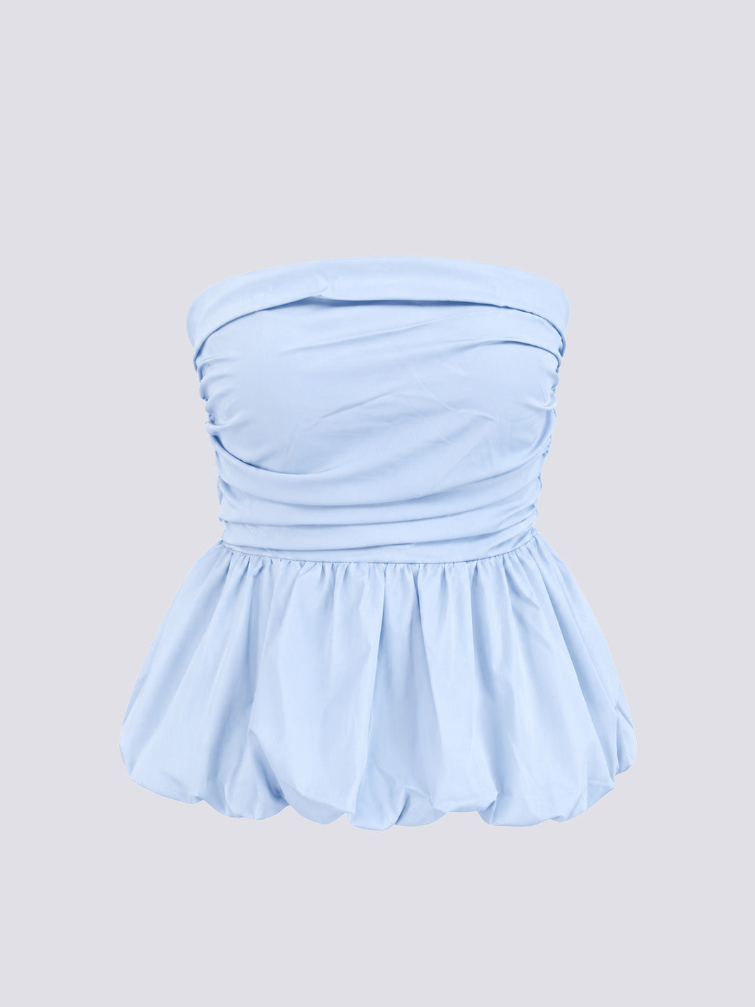 A light blue strapless peplum top with a ruched bodice and flared skirt.