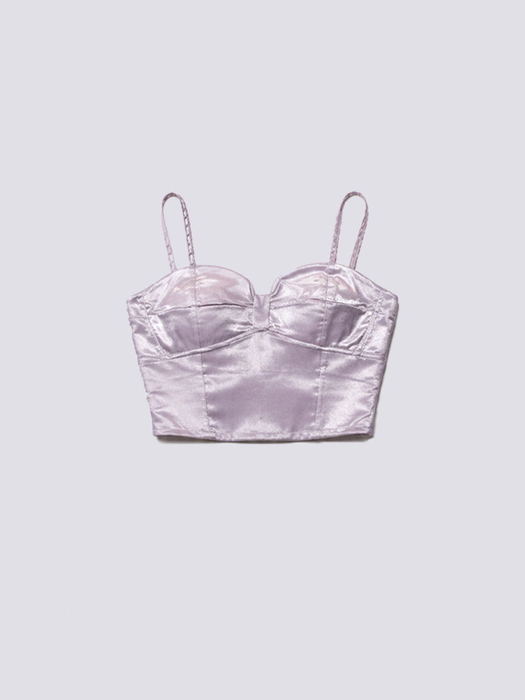 Light pink satin bustier crop top with spaghetti straps.