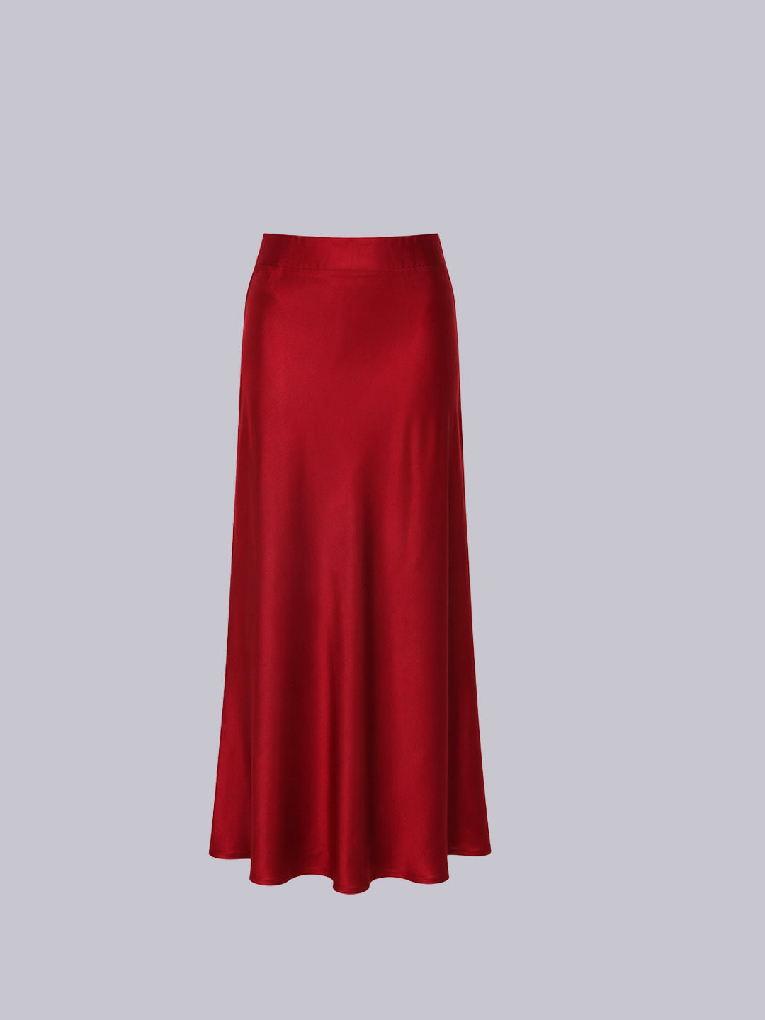 A red satin midi skirt .