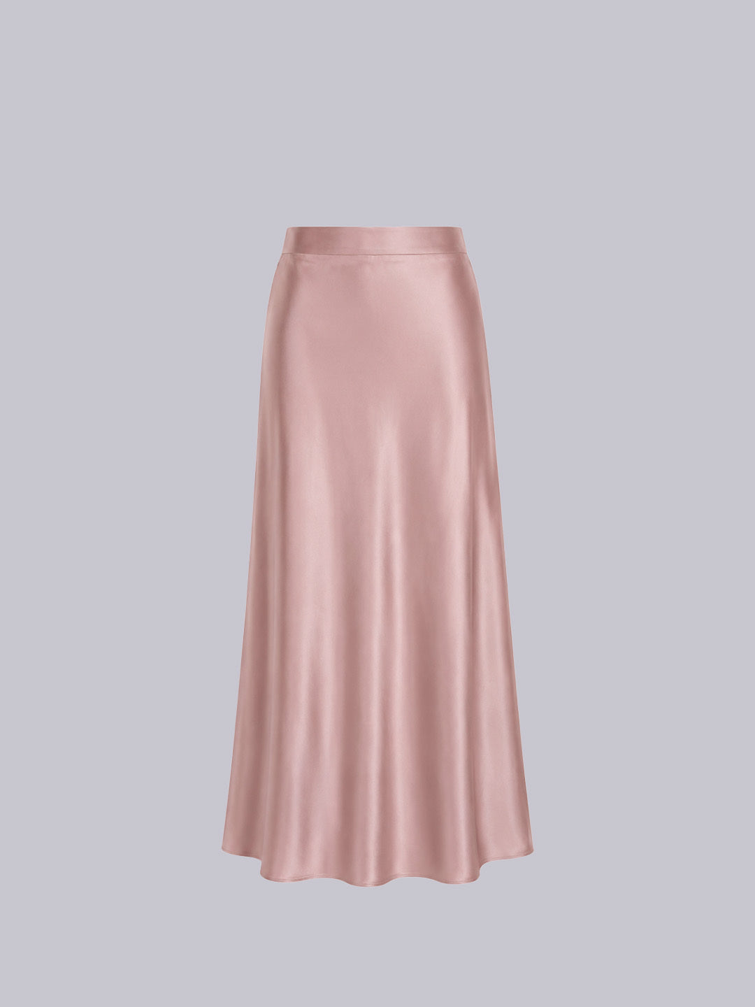 A satin midi skirt in a soft dusty pink color.