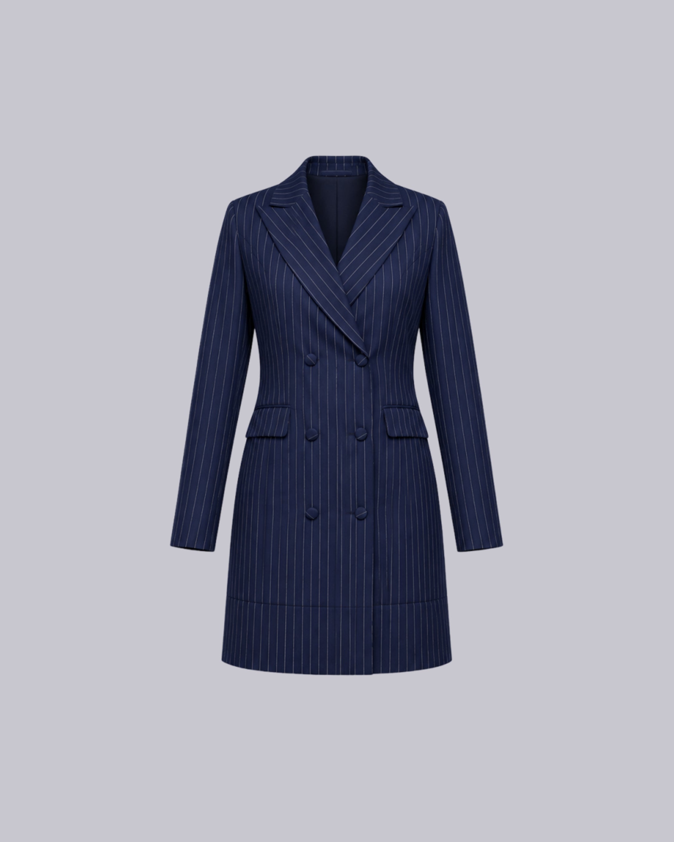 A navy blue double-breasted blazer with thin vertical white pinstripes