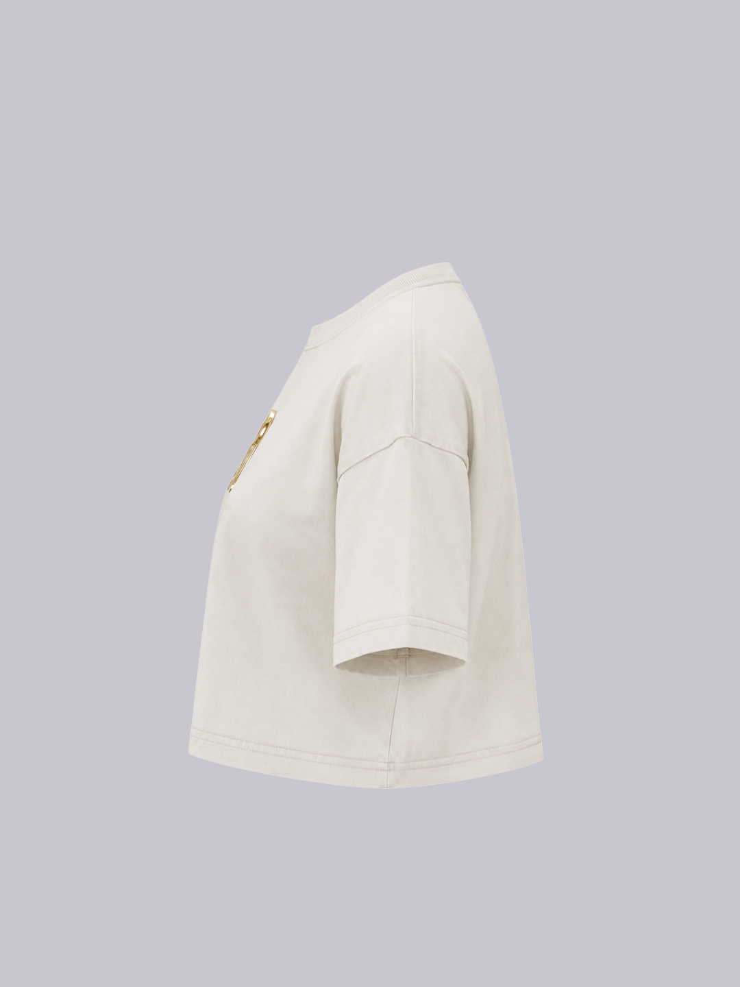 A cropped off-the-shoulder t-shirt in off-white with a gold-tone metal barrette.