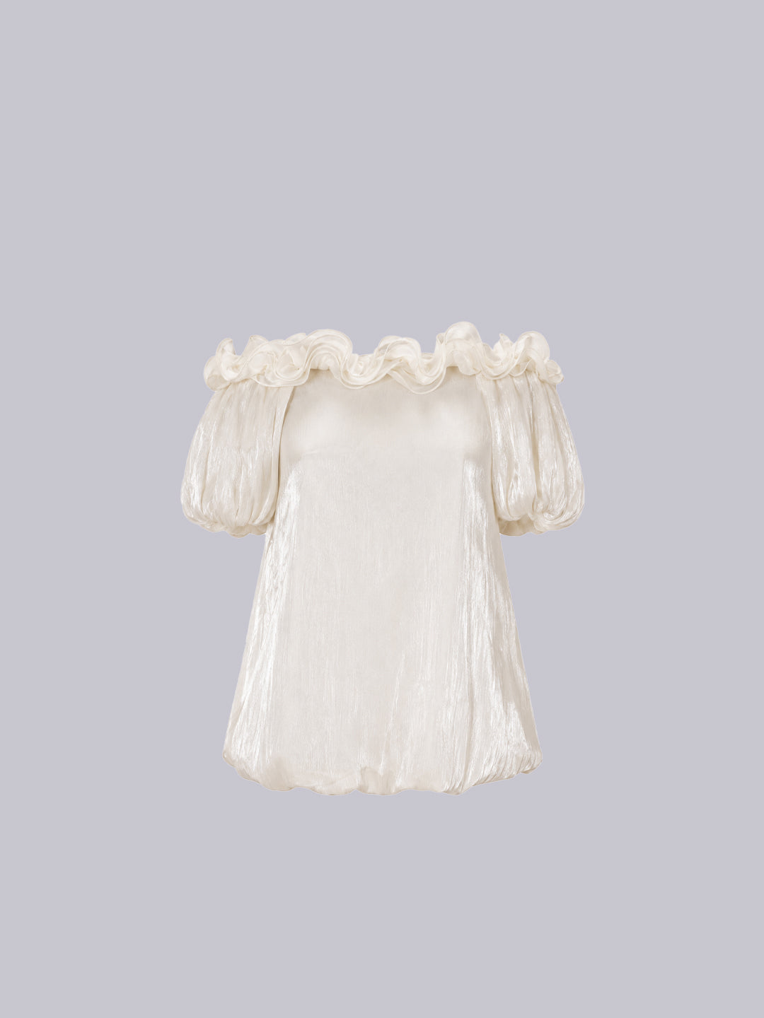 An off-the-shoulder short-sleeve top in a shiny ivory or cream satin-like fabric.