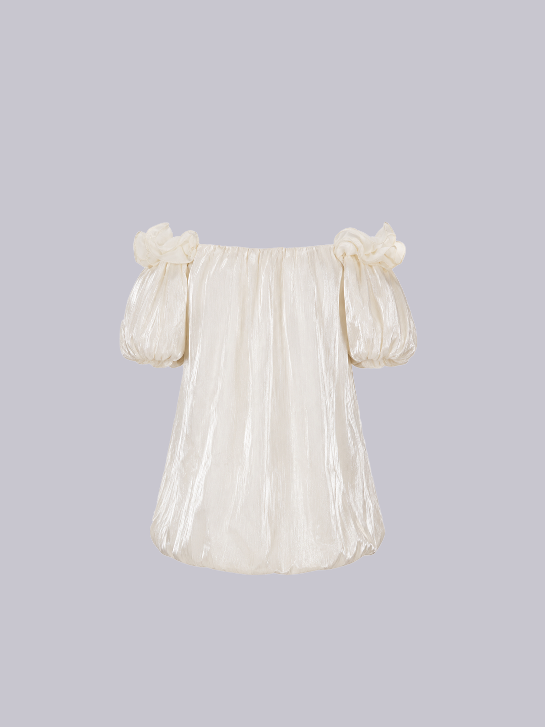 An off-the-shoulder short-sleeve top in a shiny, textured cream fabric.
