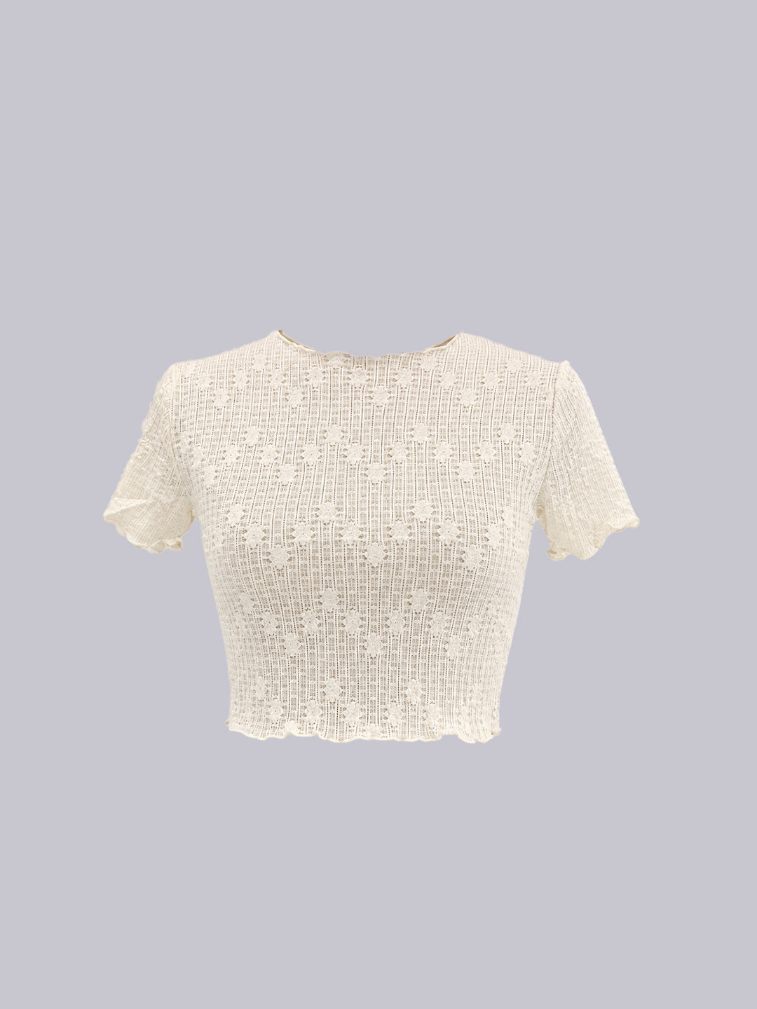 An off-white crochet knit short-sleeve crop top with a crew neck.