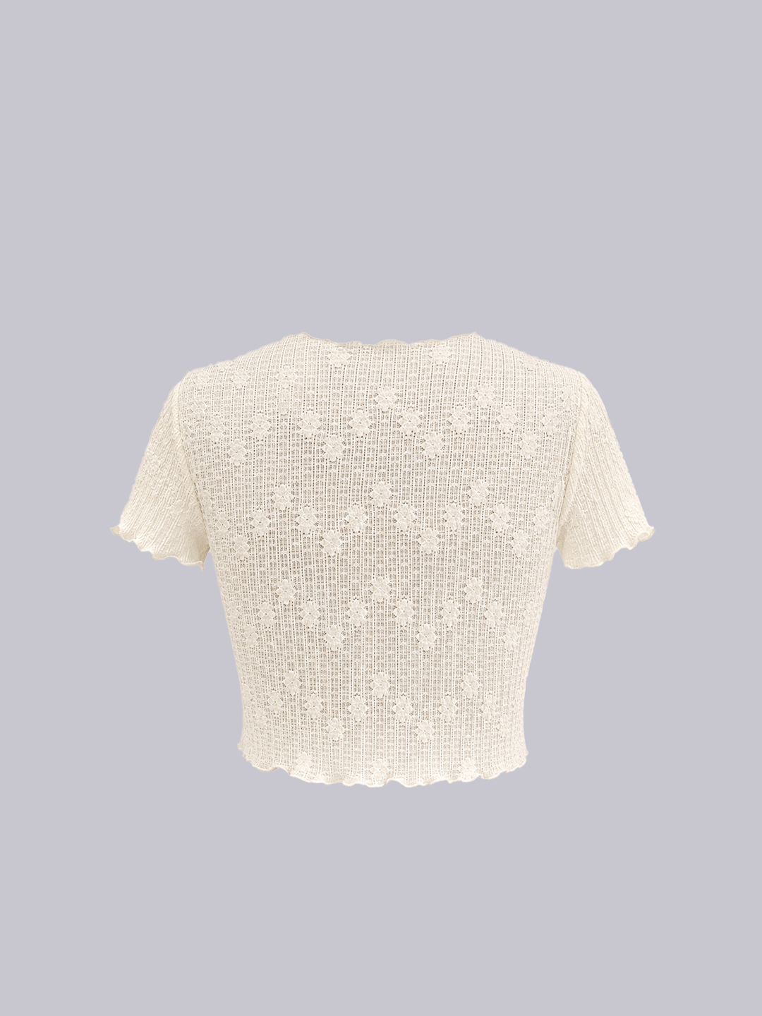 An off-white short-sleeve knit crop top with a textured openwork pattern.