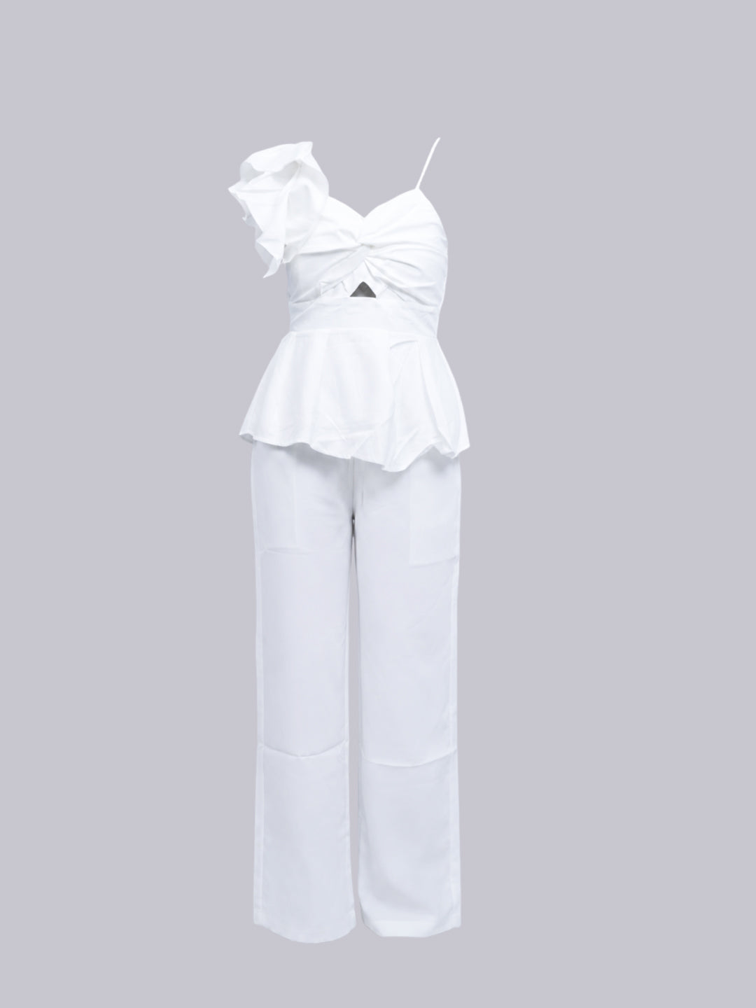 A white two-piece outfit consisting of a one-shoulder ruffled top