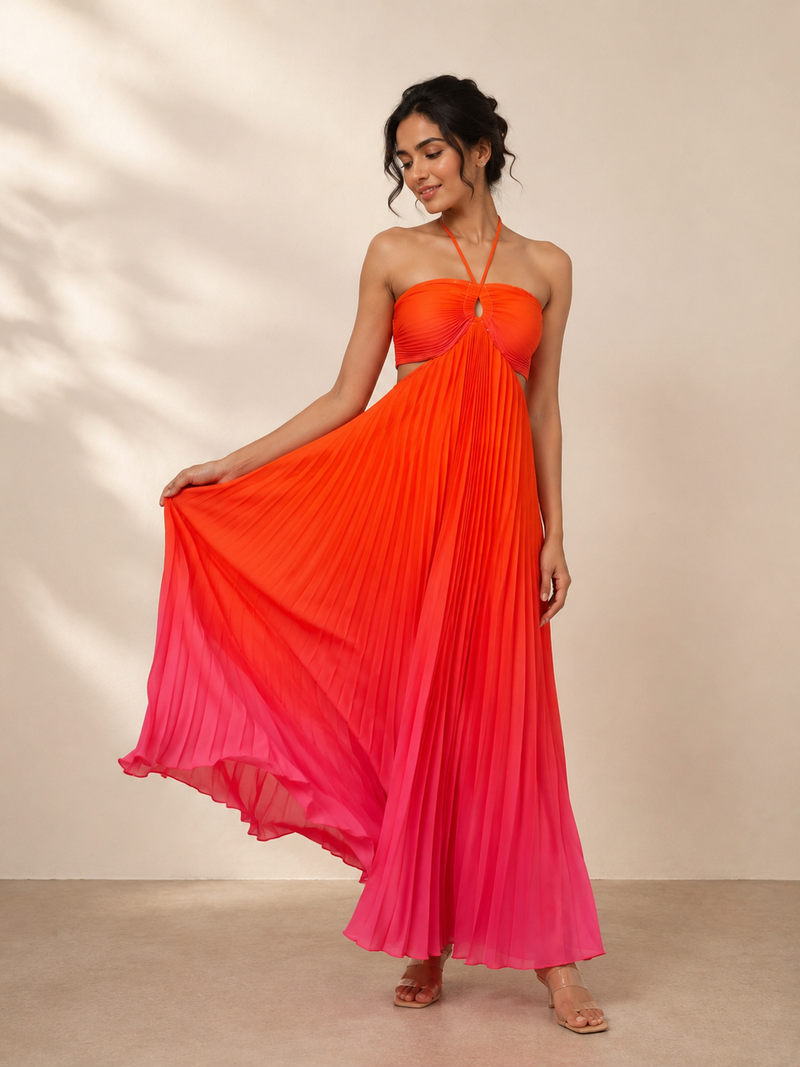 Women’s Colourblocked Halter Neck Maxi Dress  Sleeveless Flowy Long Dress