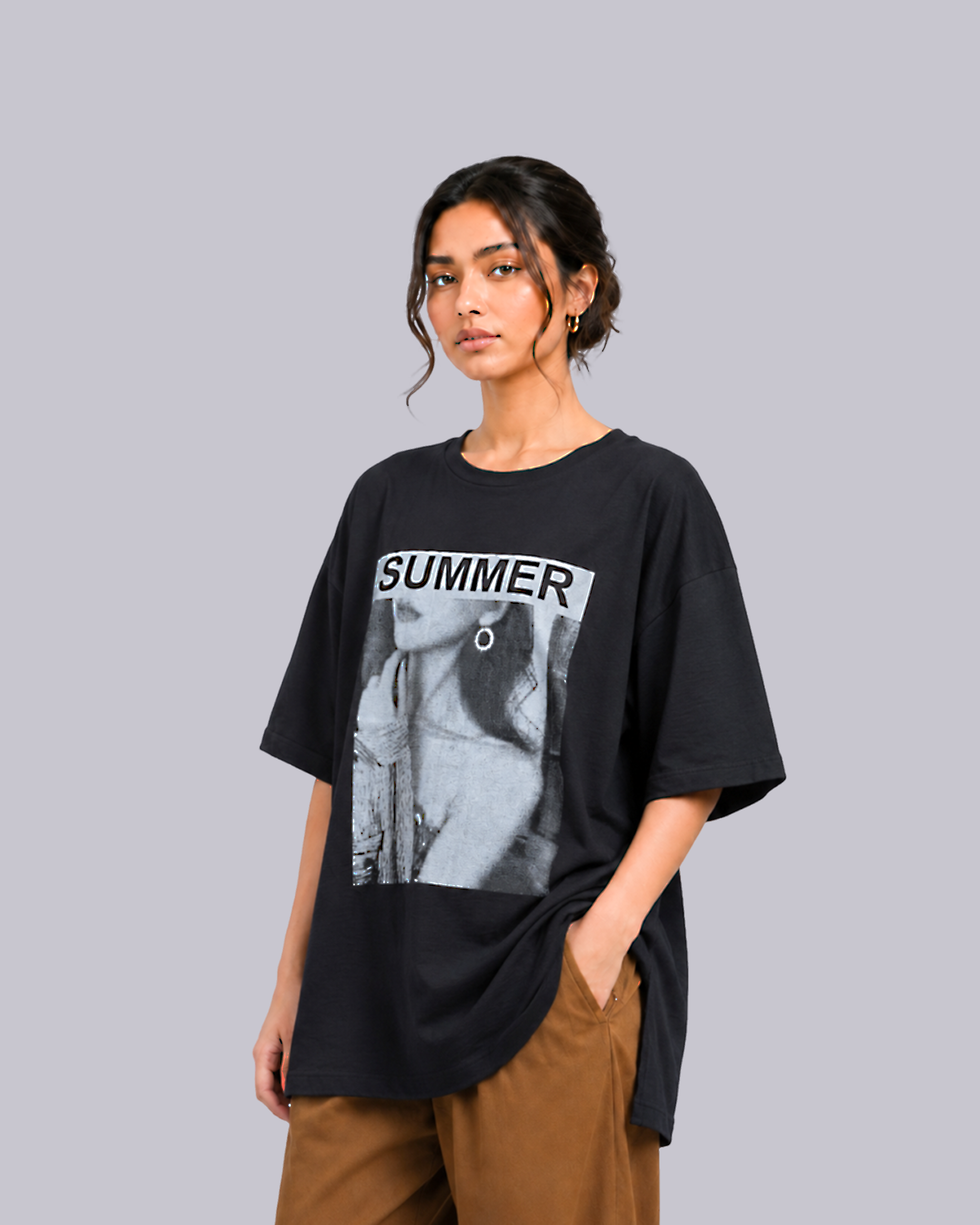 An oversized black graphic t-shirt with a grayscale print
