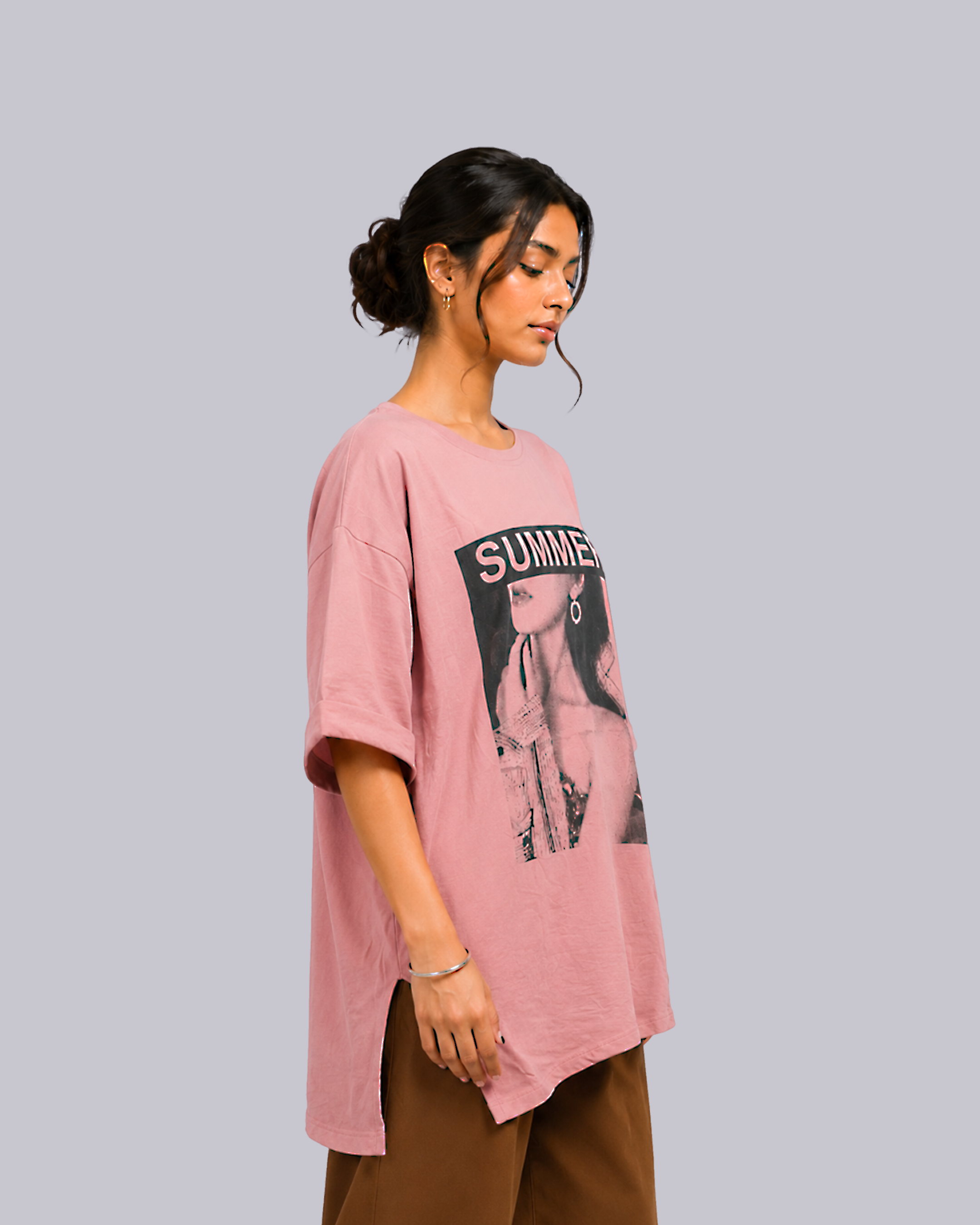 An oversized dusty pink graphic t-shirt