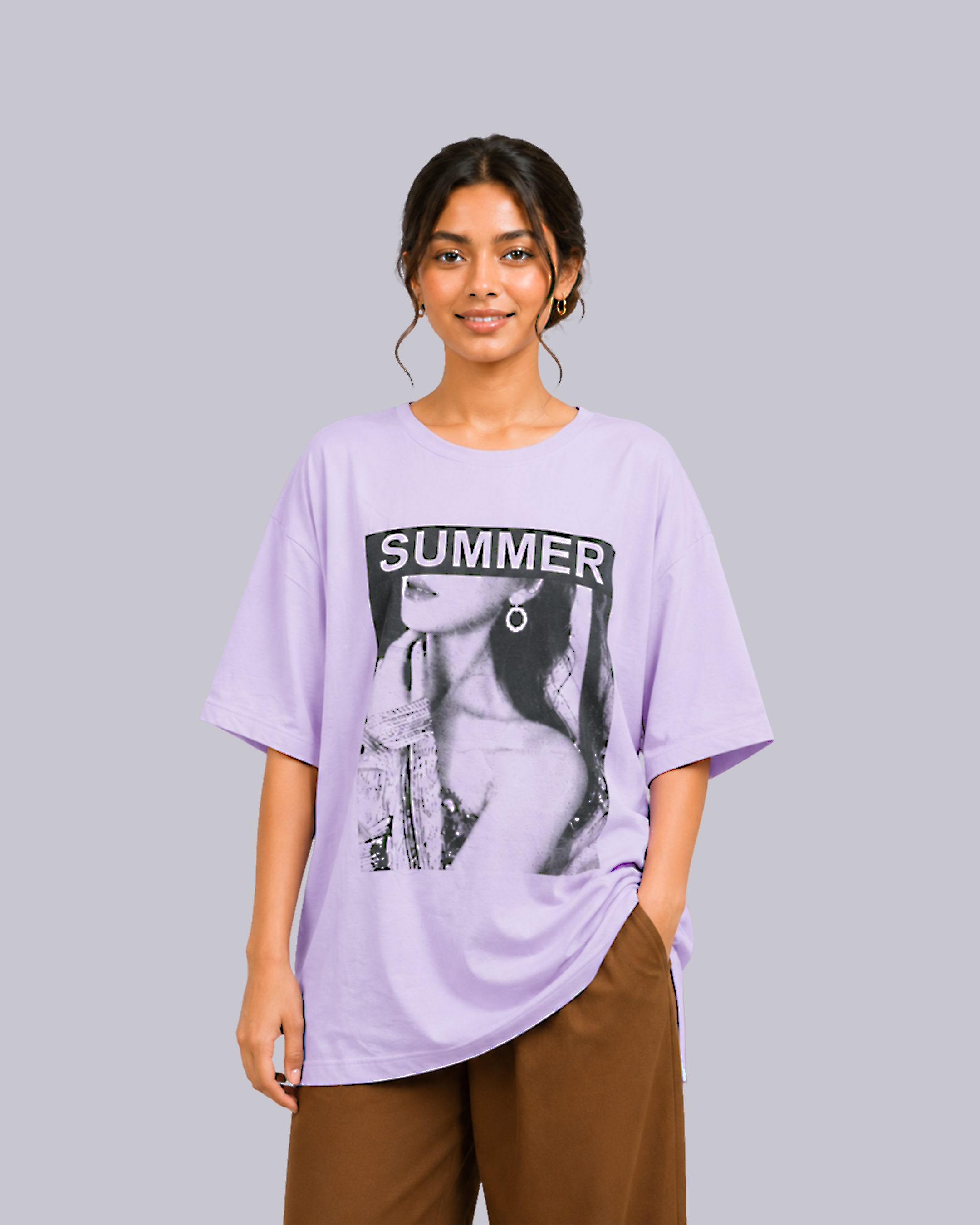 An oversized light purple graphic t-shirt 
