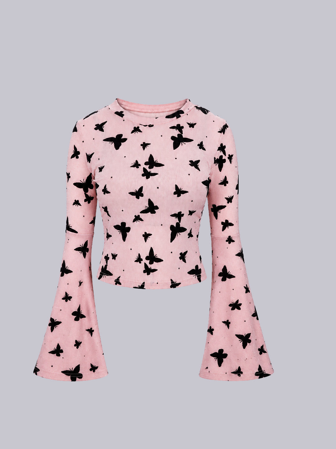 A pink long-sleeve crop top with a black butterfly print, featuring flared bell sleeves.