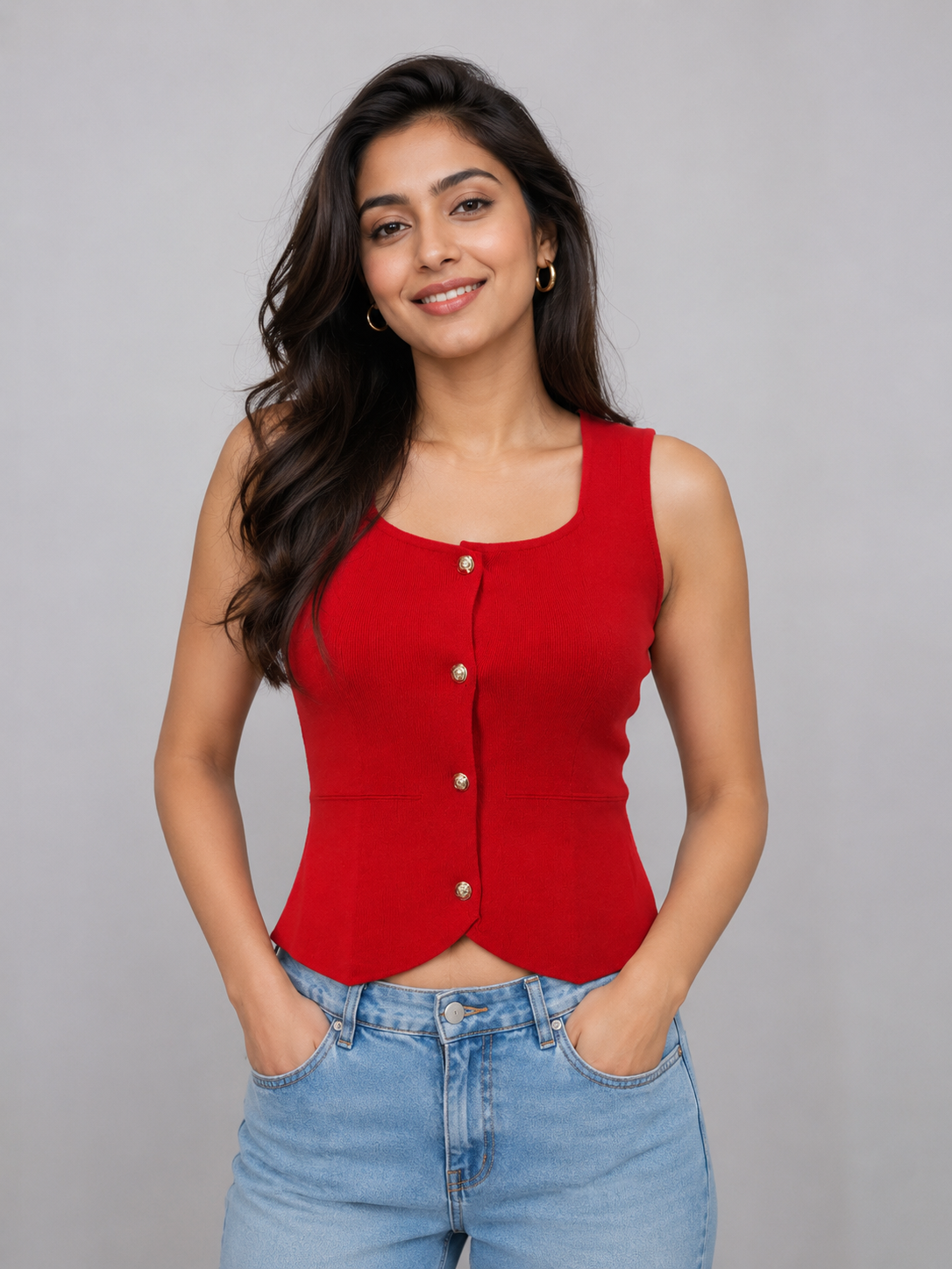 A bright red sleeveless knit top 