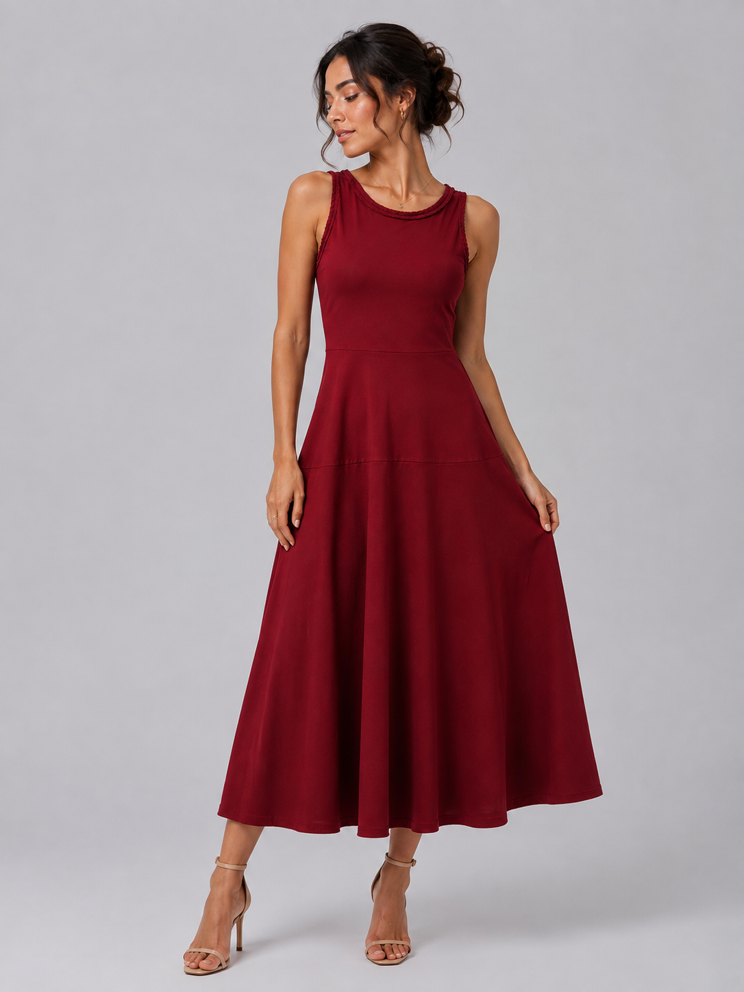 Women’s Maroon Braided Strap Fit & Flare Midi Dress