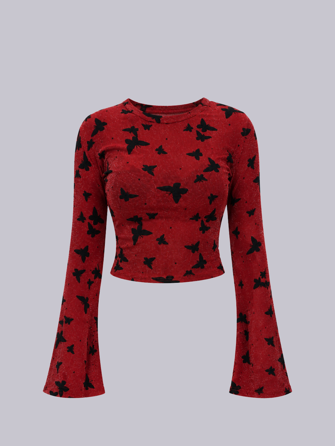 A red long-sleeve crop top with an all-over black butterfly print.