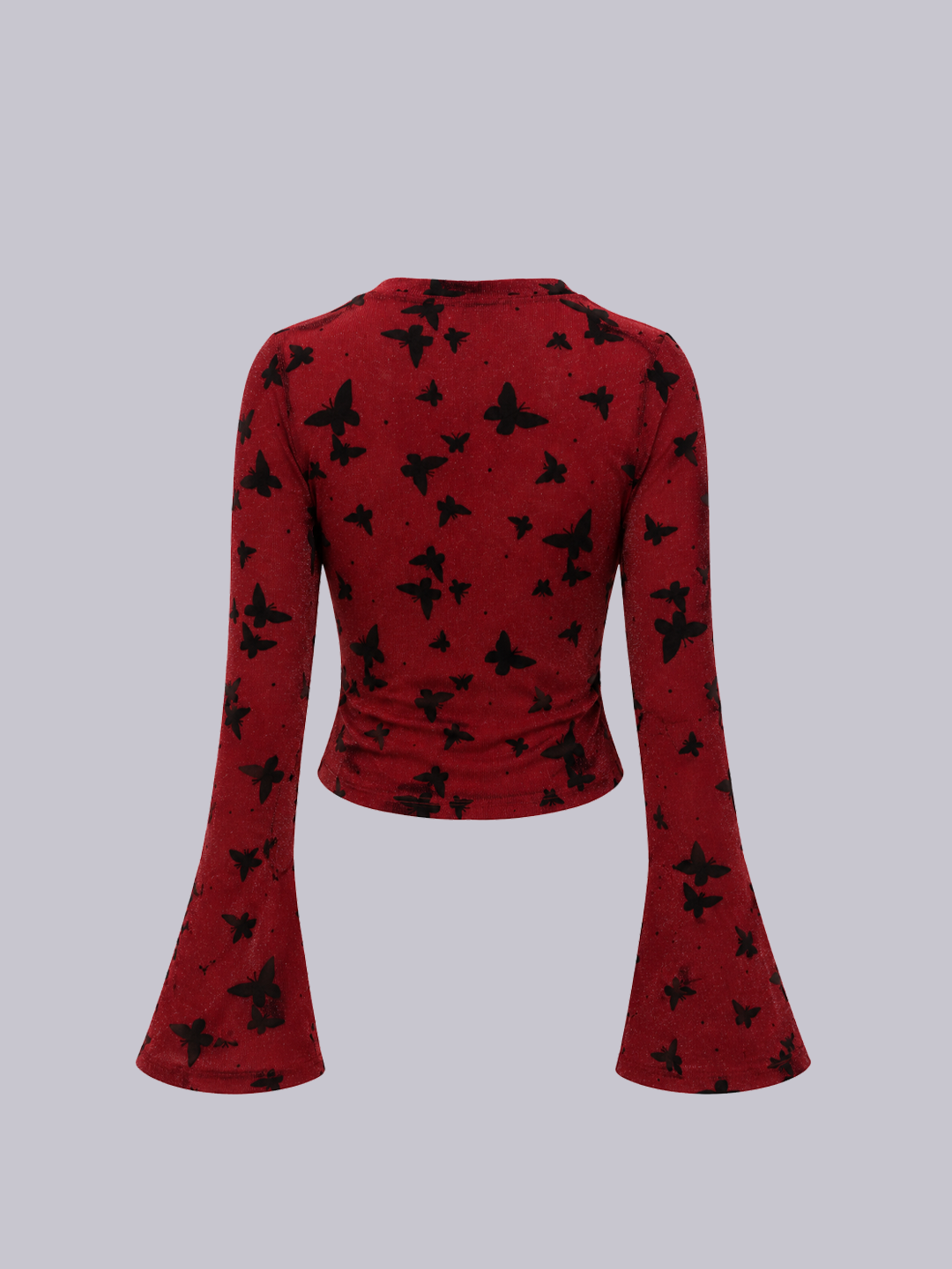 A red long-sleeve crop top with black butterfly prints, featuring flared bell sleeves and a gathered waist.
