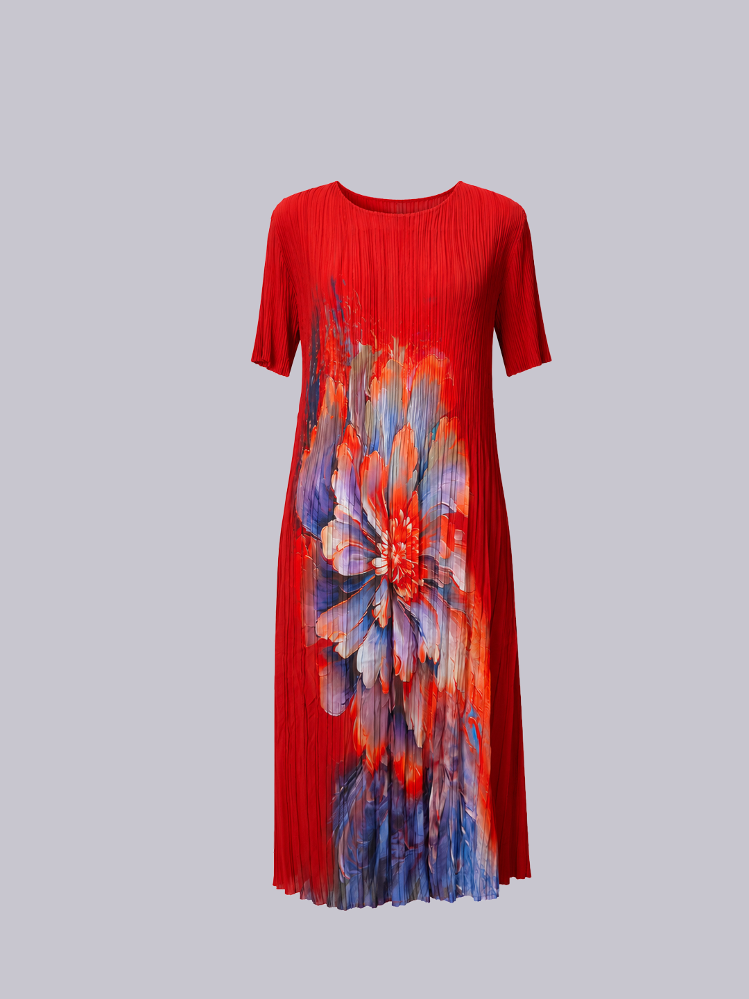 A red short-sleeve pleated midi dress featuring a large, colorful abstract floral print.