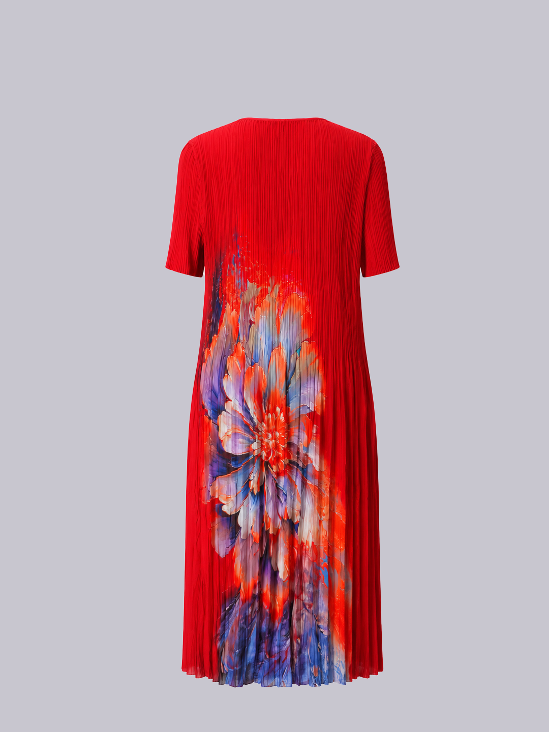A red short-sleeve pleated dress shown from the back.