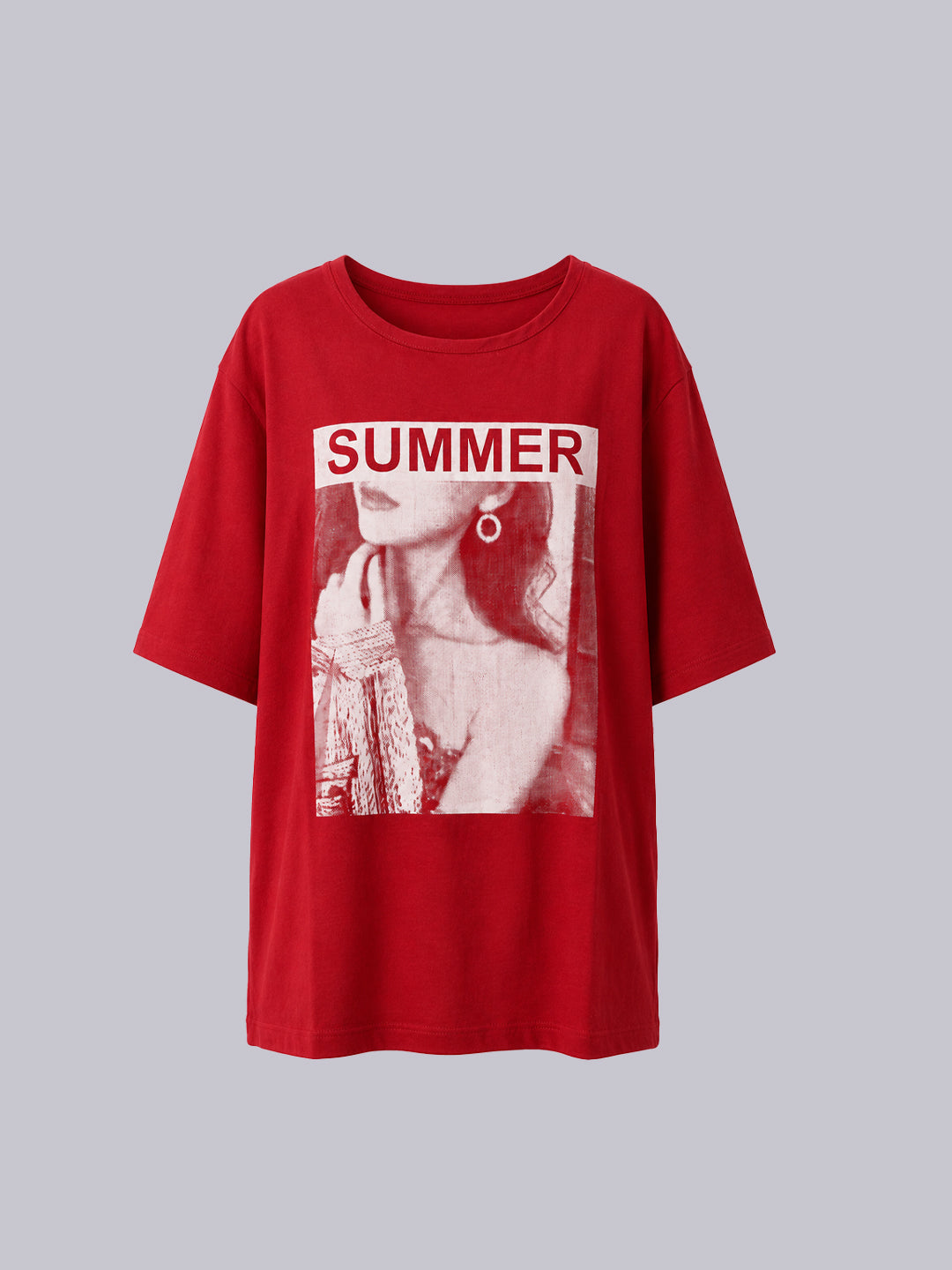A red short-sleeve t-shirt with a large graphic print on the front featuring a woman's portrait.