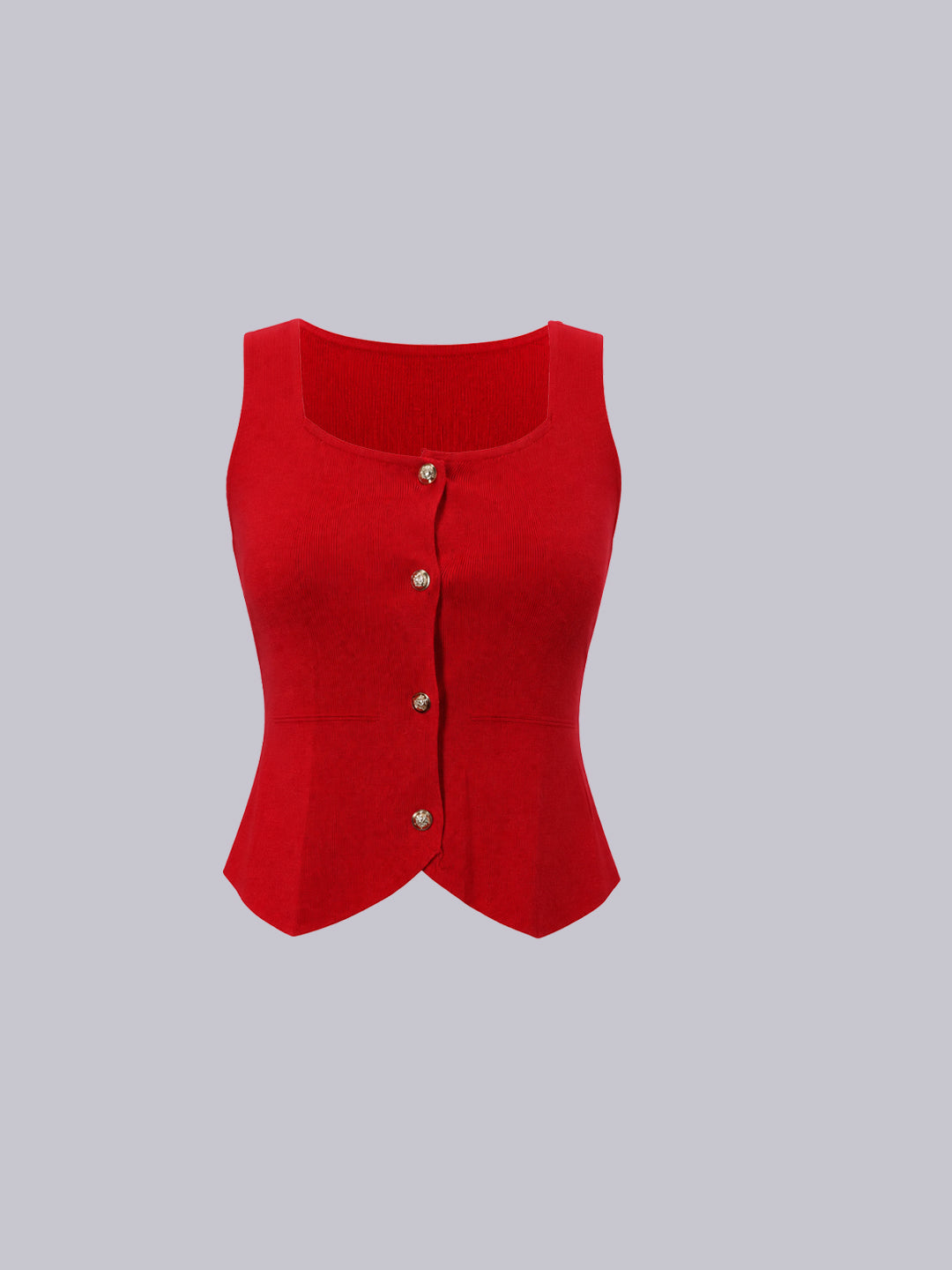 A bright red sleeveless knit vest top with a square neckline and a front button closure.
