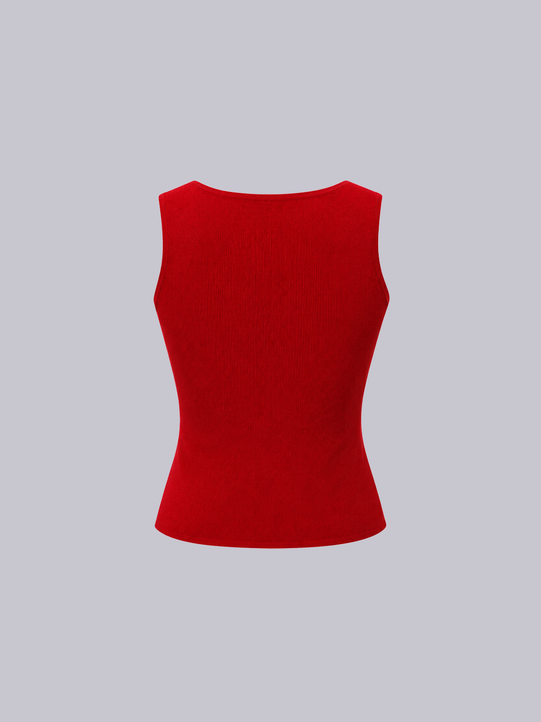 A bright red sleeveless knit top with a boat neckline, shown from the back against a solid light gray background.