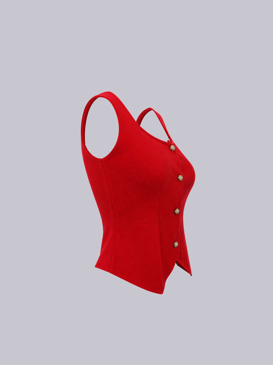 A bright red sleeveless knit top with a structured, corset-style silhouette, featuring a front button closure with gold-toned buttons.