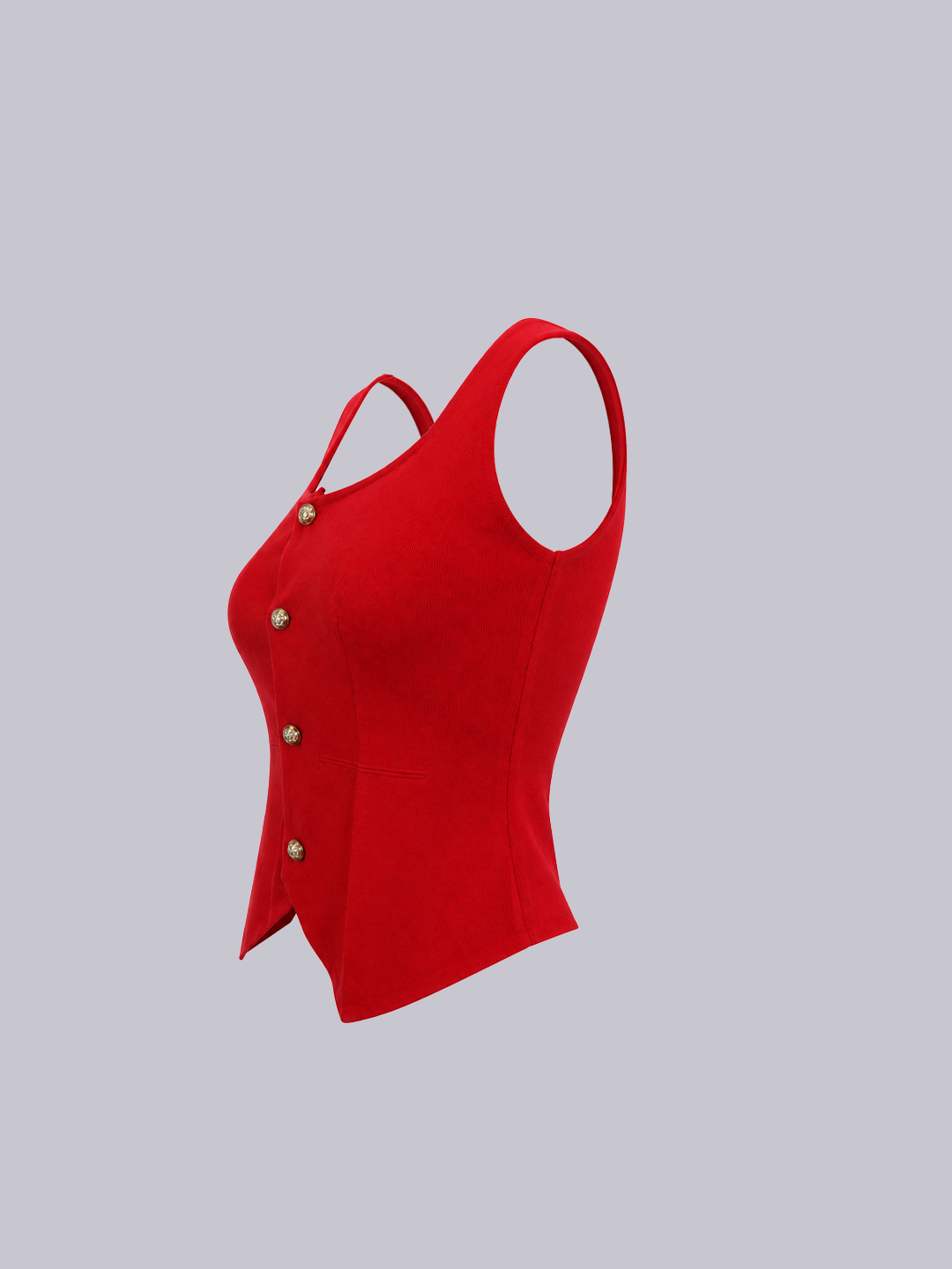 A bright red sleeveless corset-style top with thin shoulder straps, a front button closure, and a structured silhouette, shown on a plain light gray background.