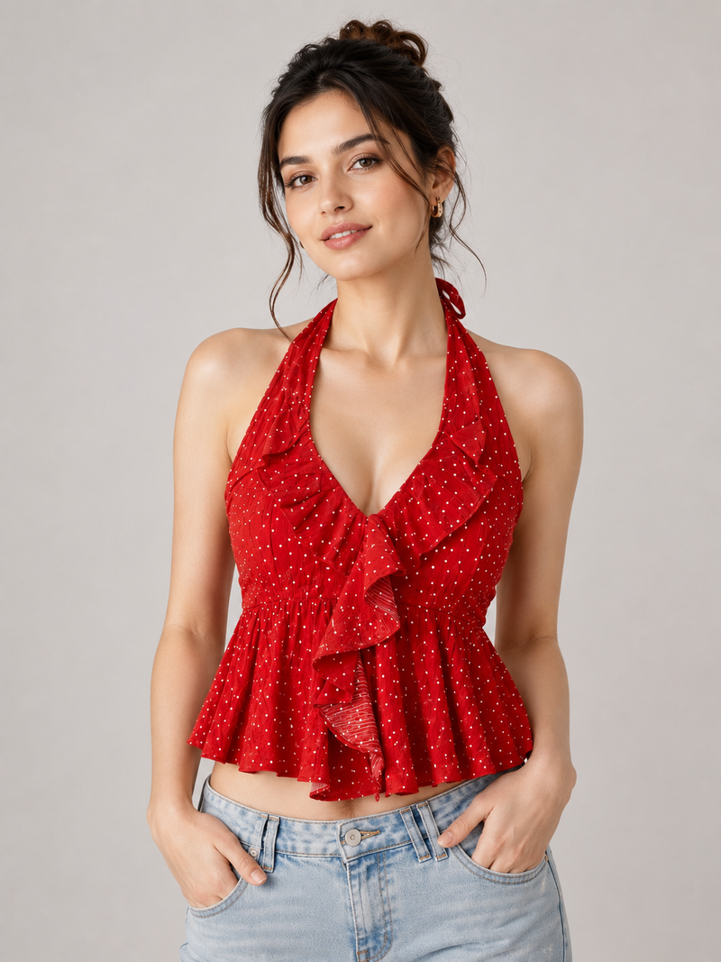 Women's Red Polka Dot Ruffle Top