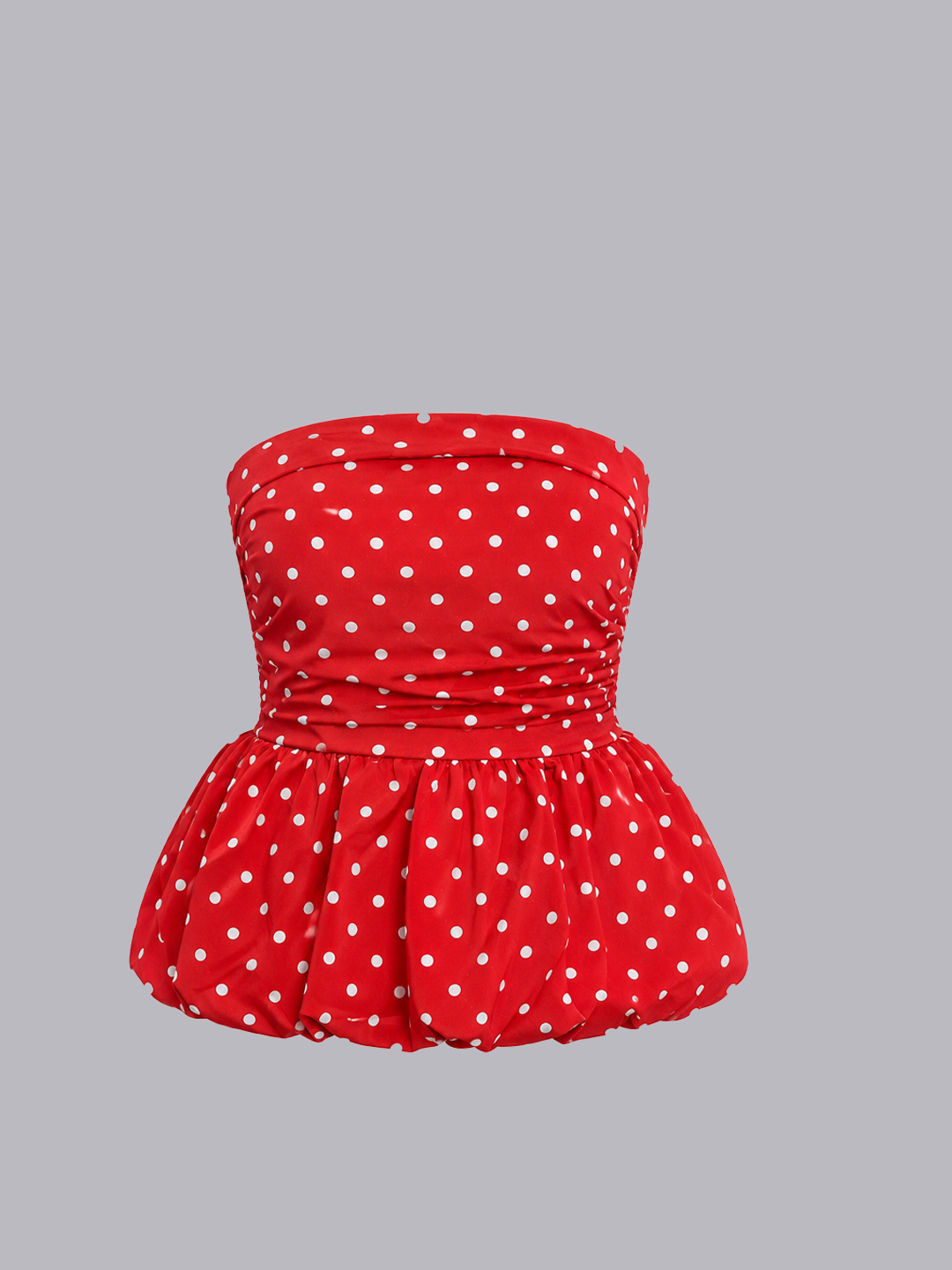 Red strapless top.
