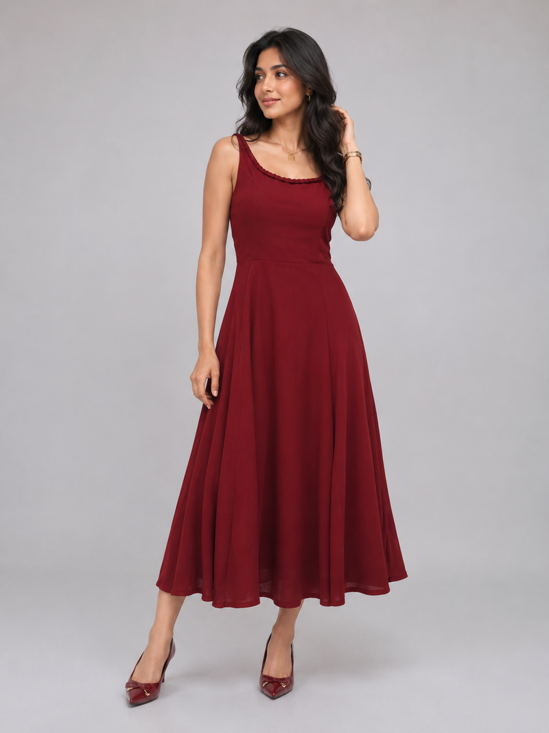 Women’s Maroon Braided Strap Fit & Flare Midi Dress