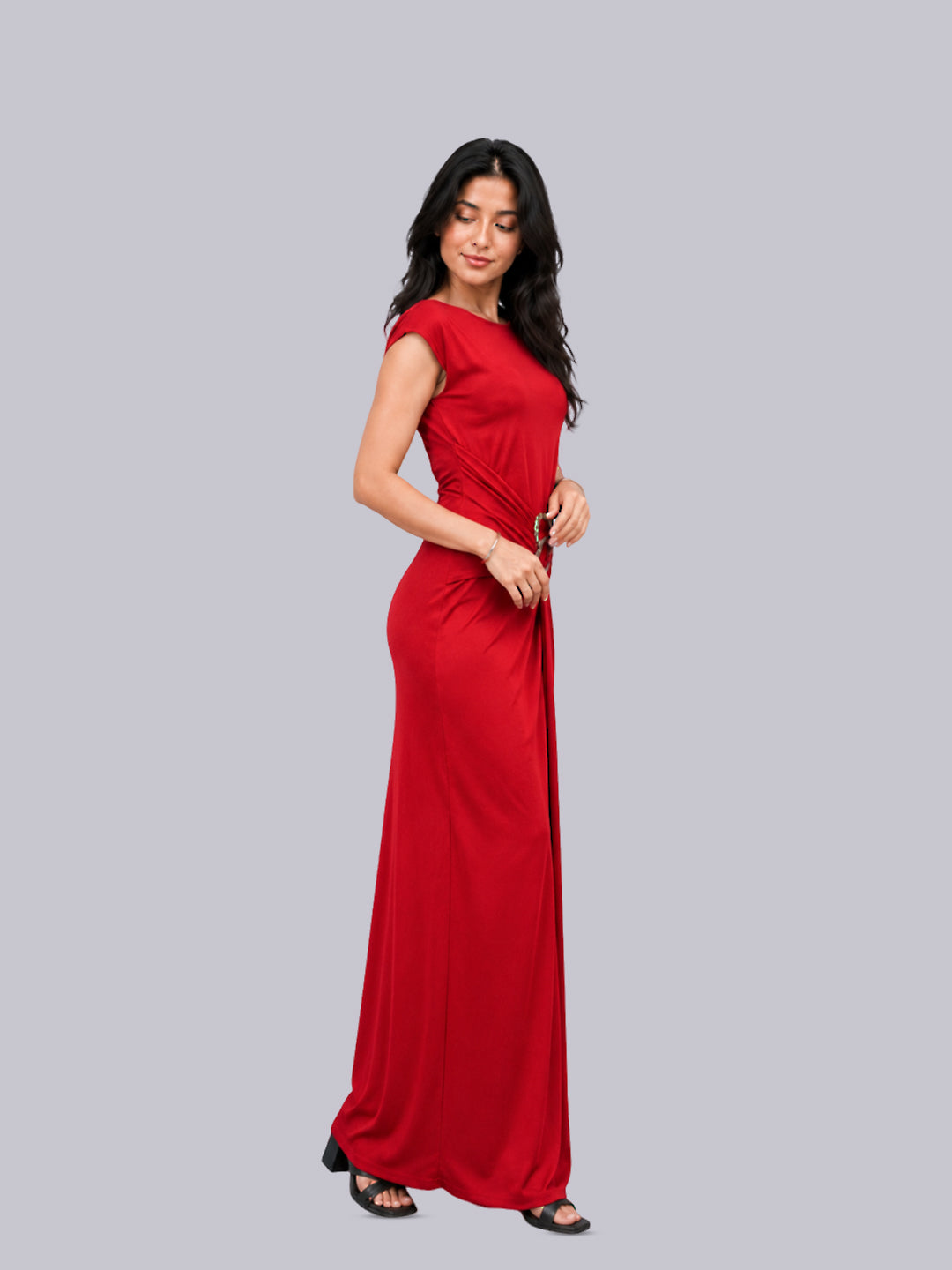 A floor-length red dress with cap sleeves