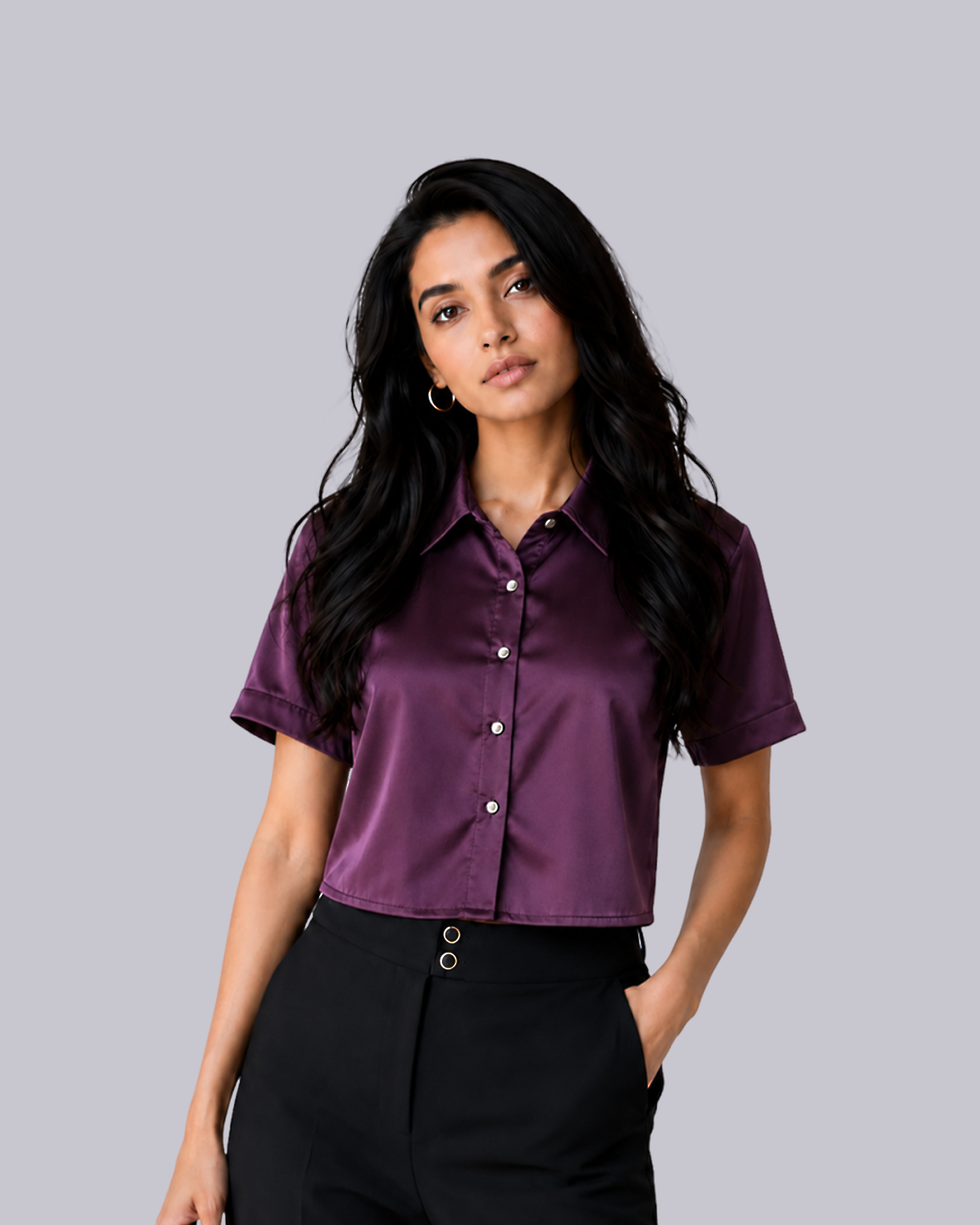A short-sleeve Deep purple short-sleeve collared shirt