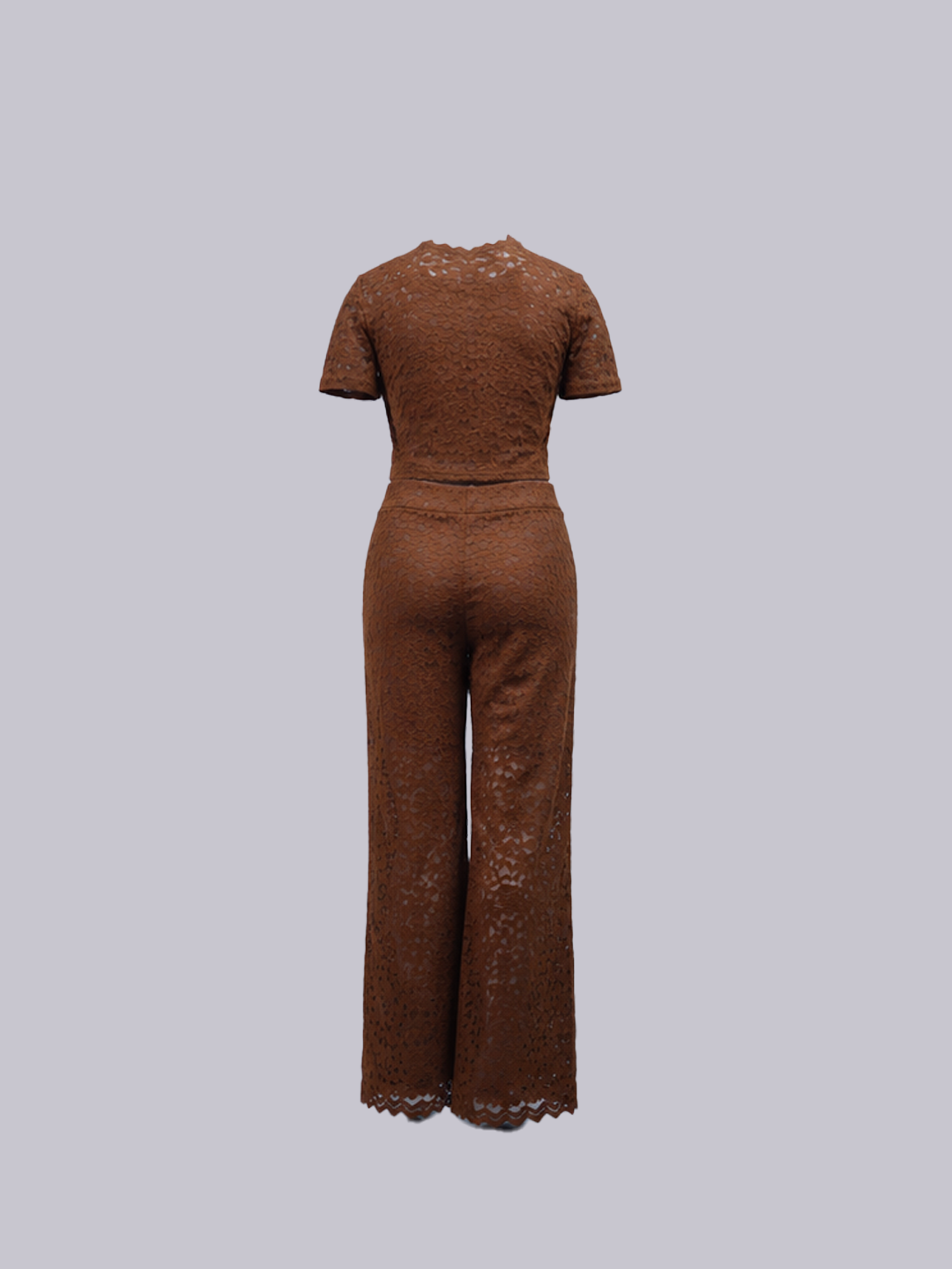 A brown lace short-sleeve jumpsuit shown from the back, featuring a high neck, fitted waist, and wide legs