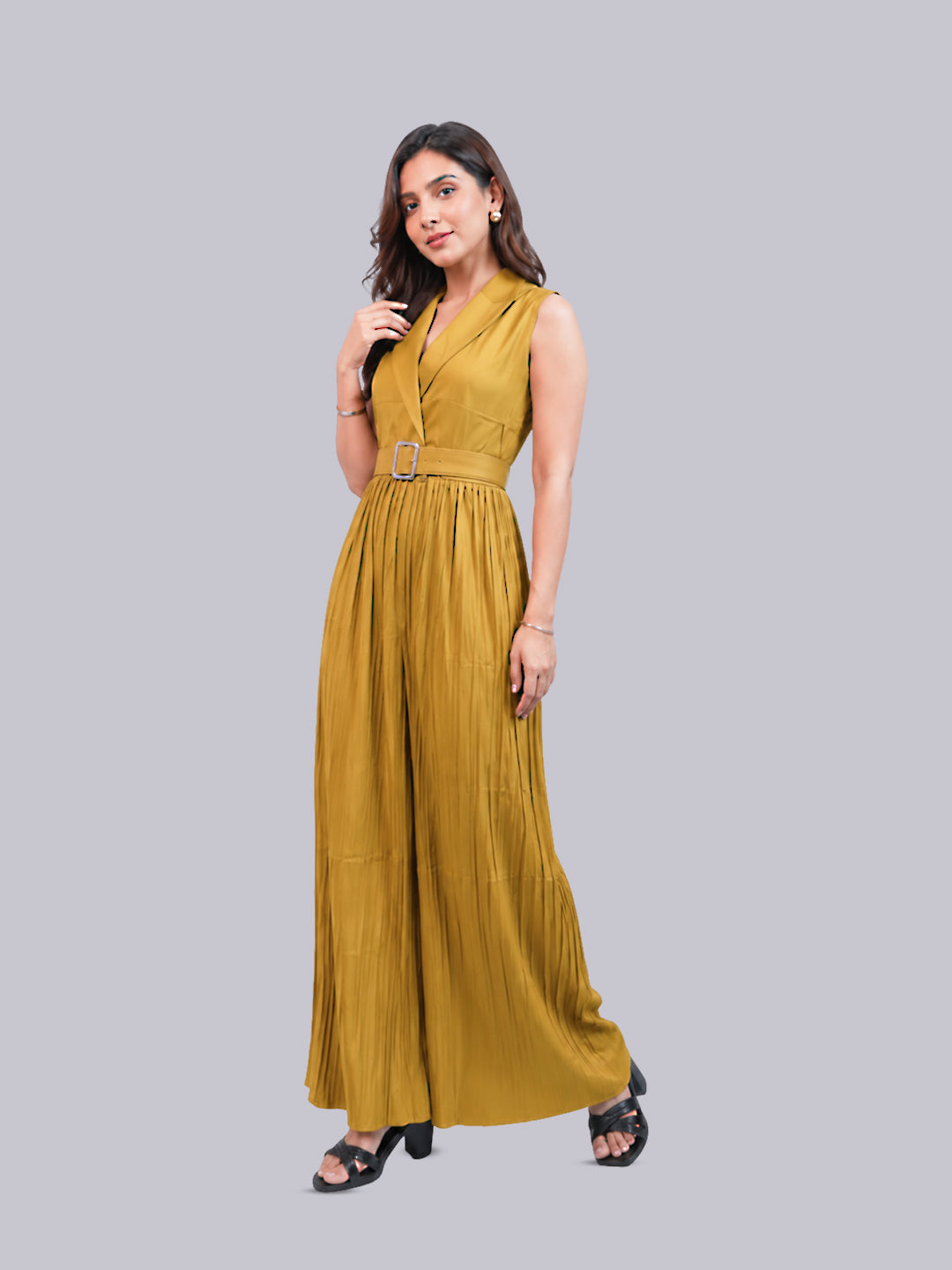 A sleeveless mustard yellow maxi dress 